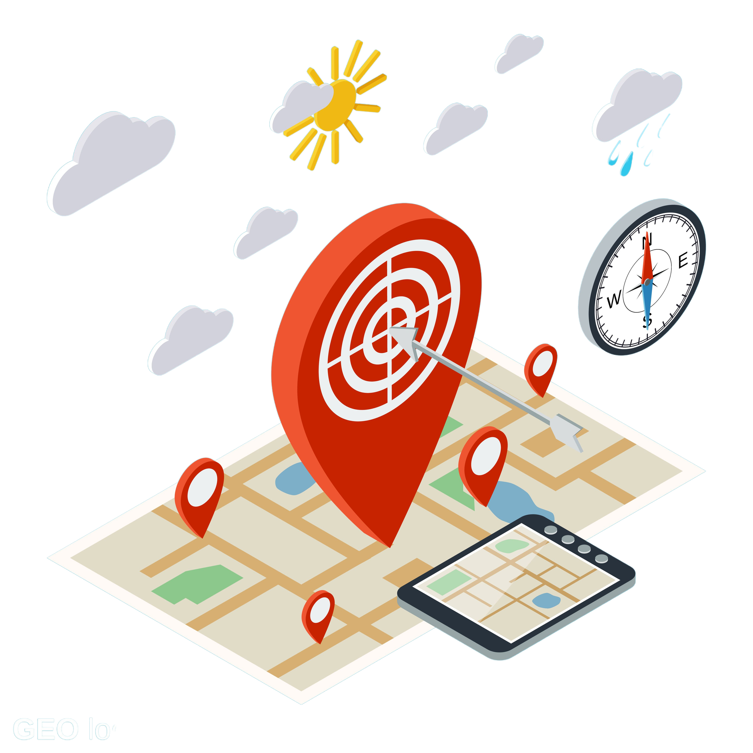 A map with location pins, a target, a compass, a smartphone, and weather icons including clouds, the sun, and rain, representing navigation and weather tracking.