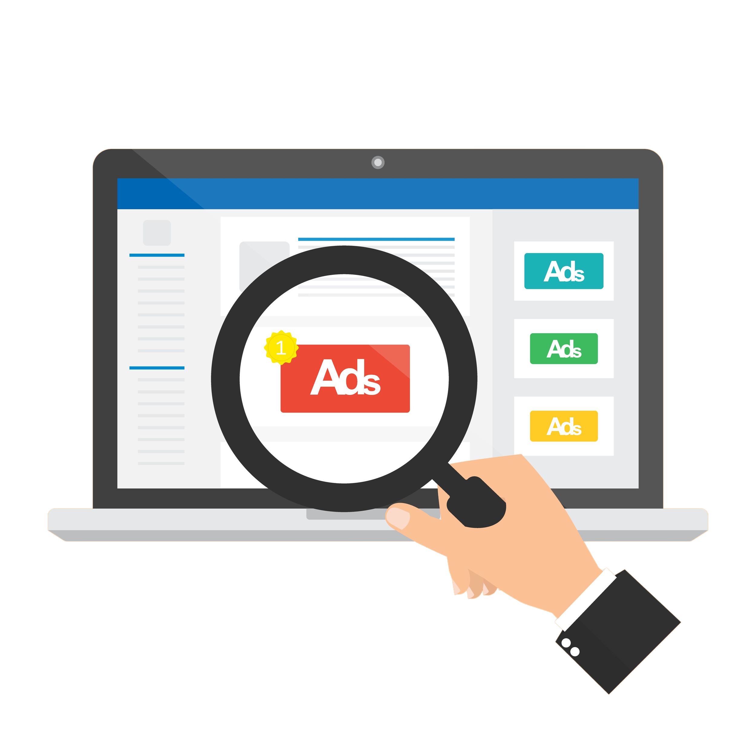 Illustration of a person in a business suit holding a magnifying glass over a computer screen displaying online advertisements.