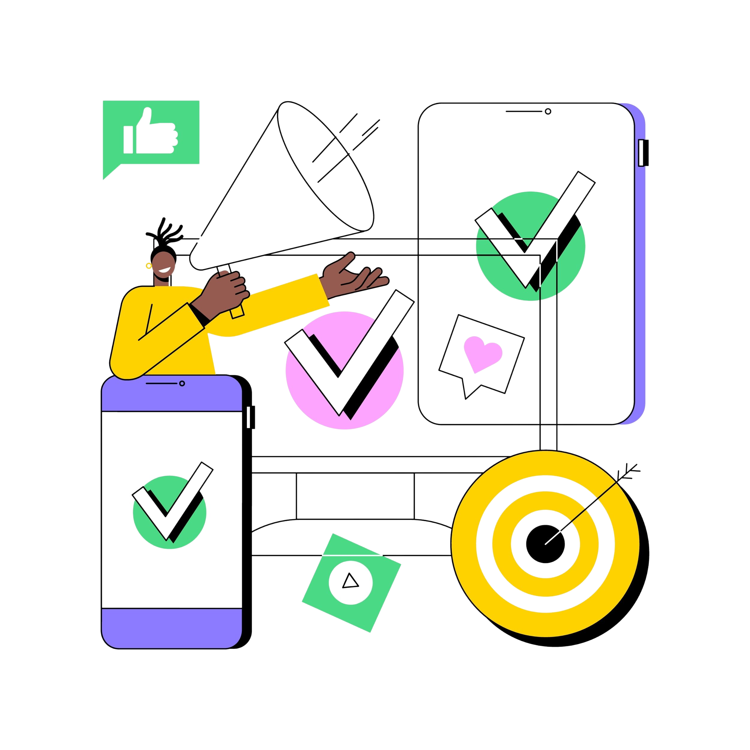 Illustration of a person holding a hammer, with various icons including a thumbs-up, checkmarks, and social media symbols on a smartphone screen.