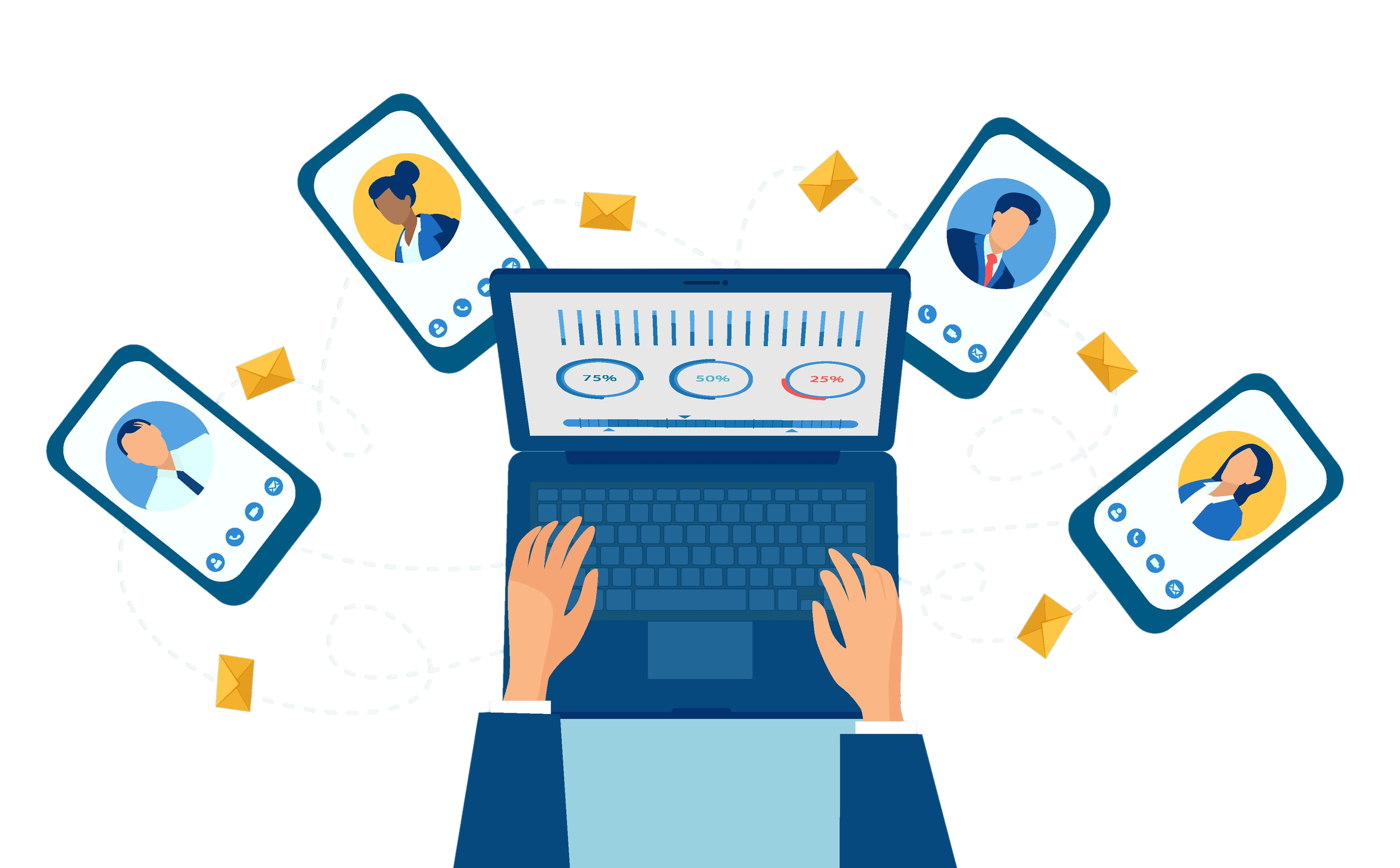 Illustration of a person using a laptop with multiple smartphones around, showing profile pictures and messaging icons, connected by dashed lines and envelope icons.