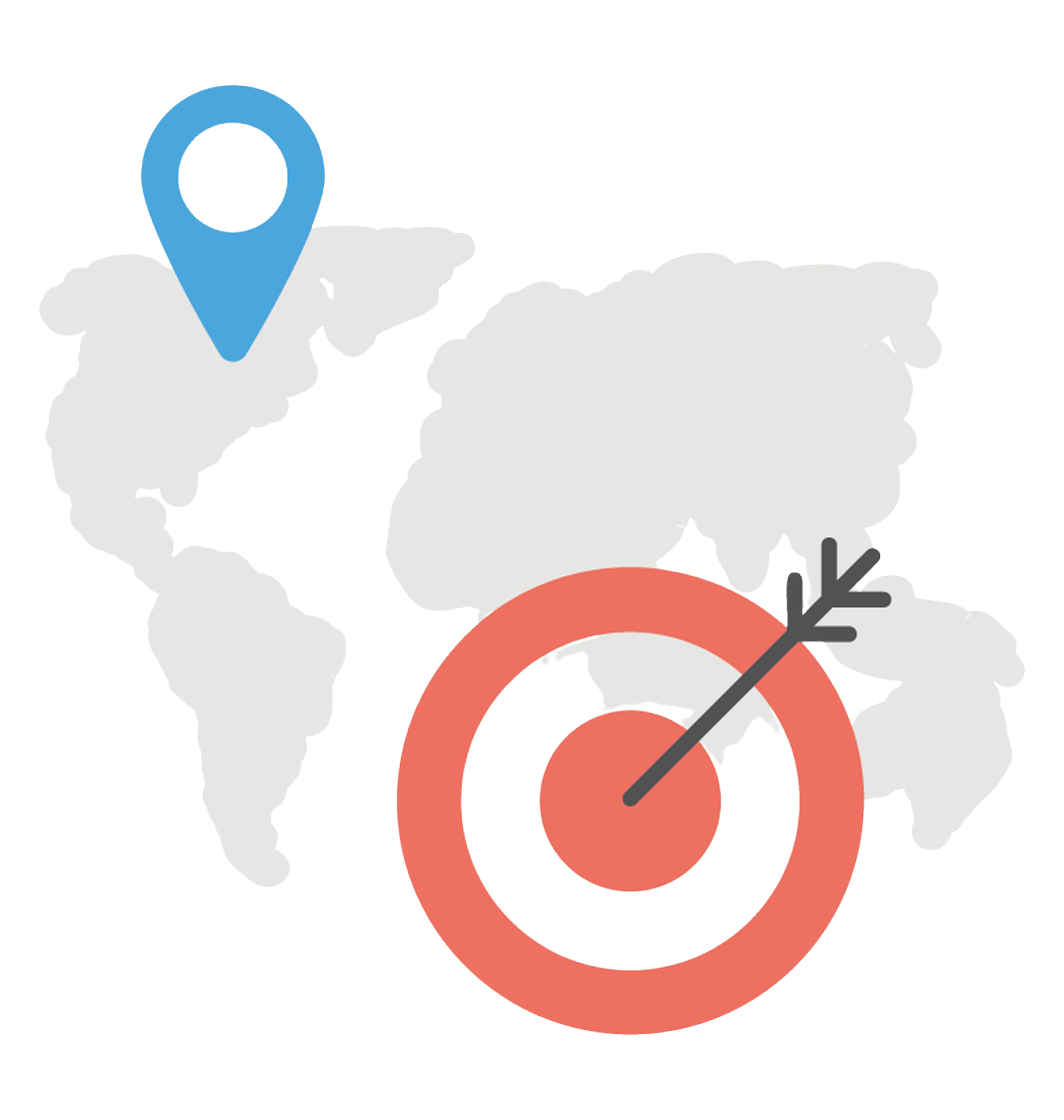 Illustration of a large red target with an arrow hitting the bullseye, overlaid on a world map with a blue location pin. Gray clouds surround the map.