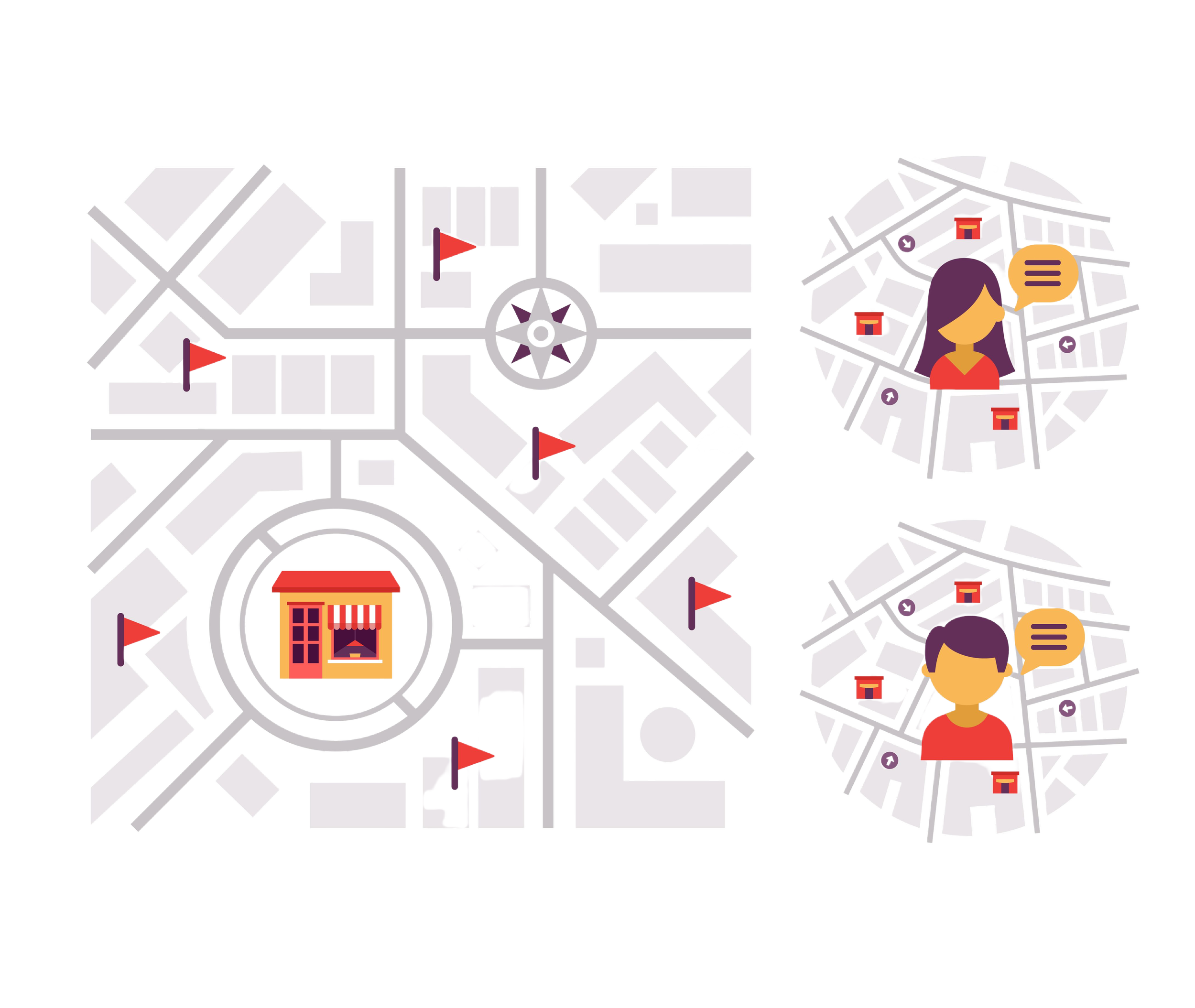 Map with various icons including a house, a person, flags, speech bubbles, and directional signs, illustrating a navigation or travel plan.