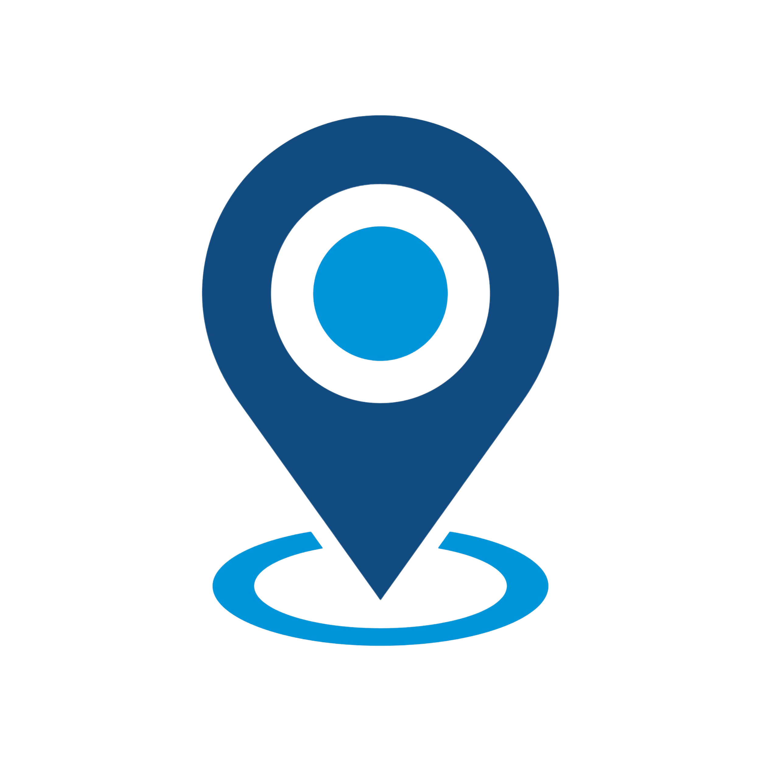 A digital graphic featuring concentric blue and gray circles with a location pin icon at the center, on a black background.