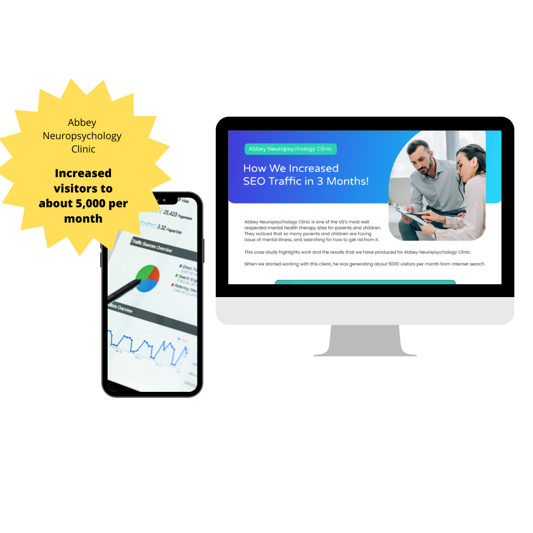 Desktop computer screen displaying a case study titled "How We Increased SEO Traffic in 3 Months" for Abbey Neuropsychology Clinic, and a smartphone showing traffic analytics with a yellow badge highlighting "Increased visitors to about 5,000 per month."