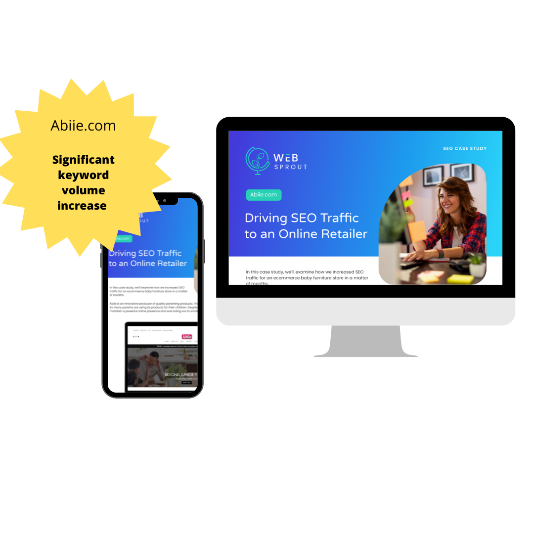 Computer and smartphone screens displaying a case study about increasing SEO traffic for an online retailer, with a yellow starburst graphic highlighting significant keyword volume increase from Abie.com.