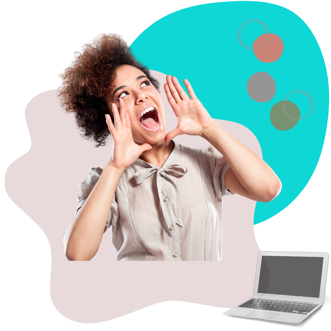 A woman with curly hair wearing a beige blouse with a bow, shouting or calling out, with a laptop in the lower right corner and a colorful graphic background.