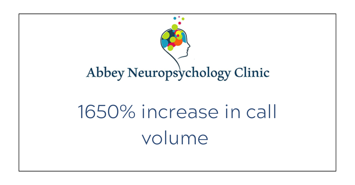 Logo of Abbey Neuropsychology Clinic with text indicating a 1650% increase in call volume.