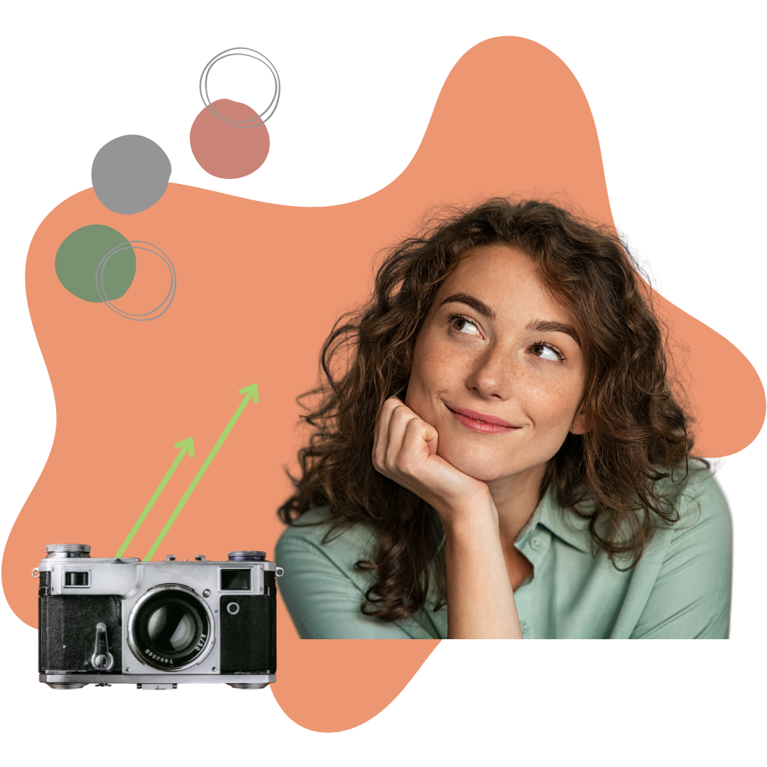 Portrait of a young woman with curly hair smiling thoughtfully, with an illustration of a vintage camera and upward arrows next to her, set against an abstract peach-colored background.