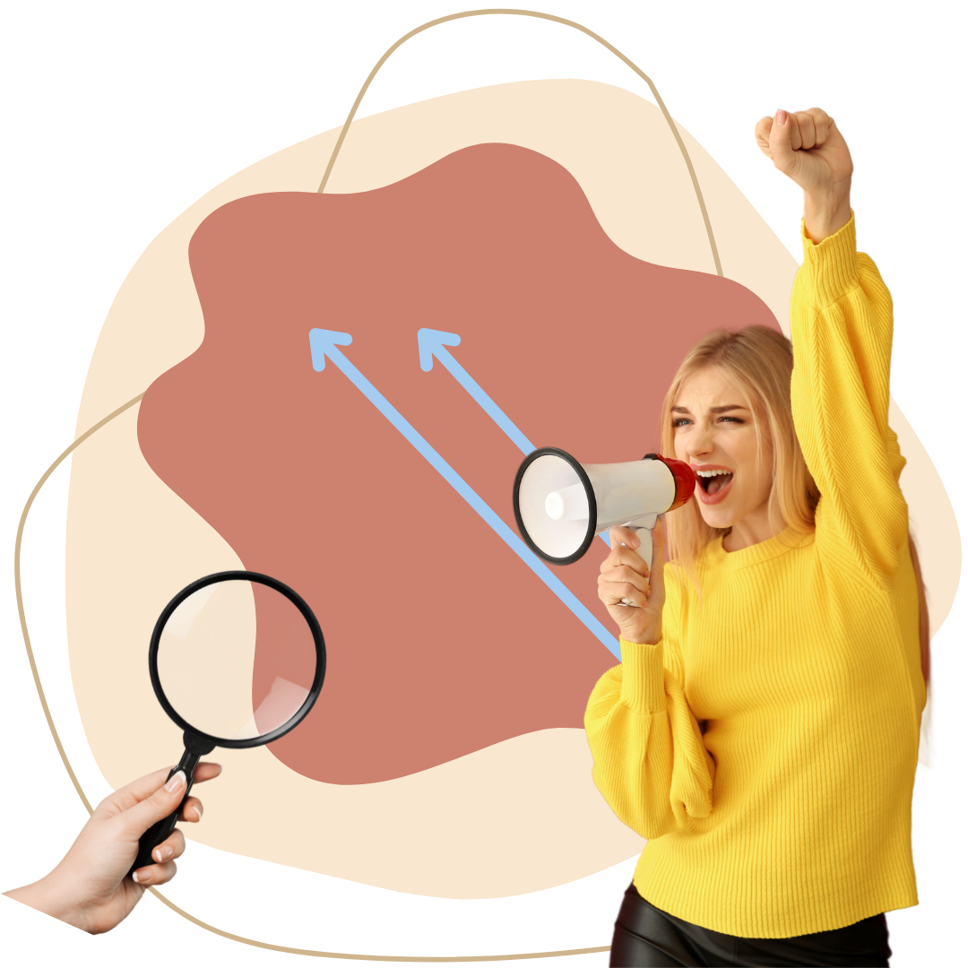 A woman in a yellow sweater shouting into a megaphone with her fist raised in front of a digitally illustrated heart with arrows pointing upward.