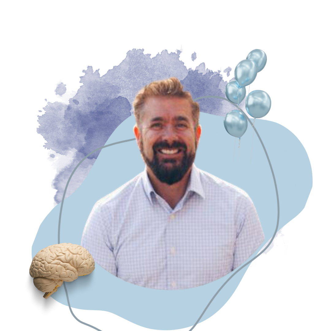 A smiling man with a beard and short hair wearing a checkered shirt, surrounded by a graphic design with balloons and a brain image.