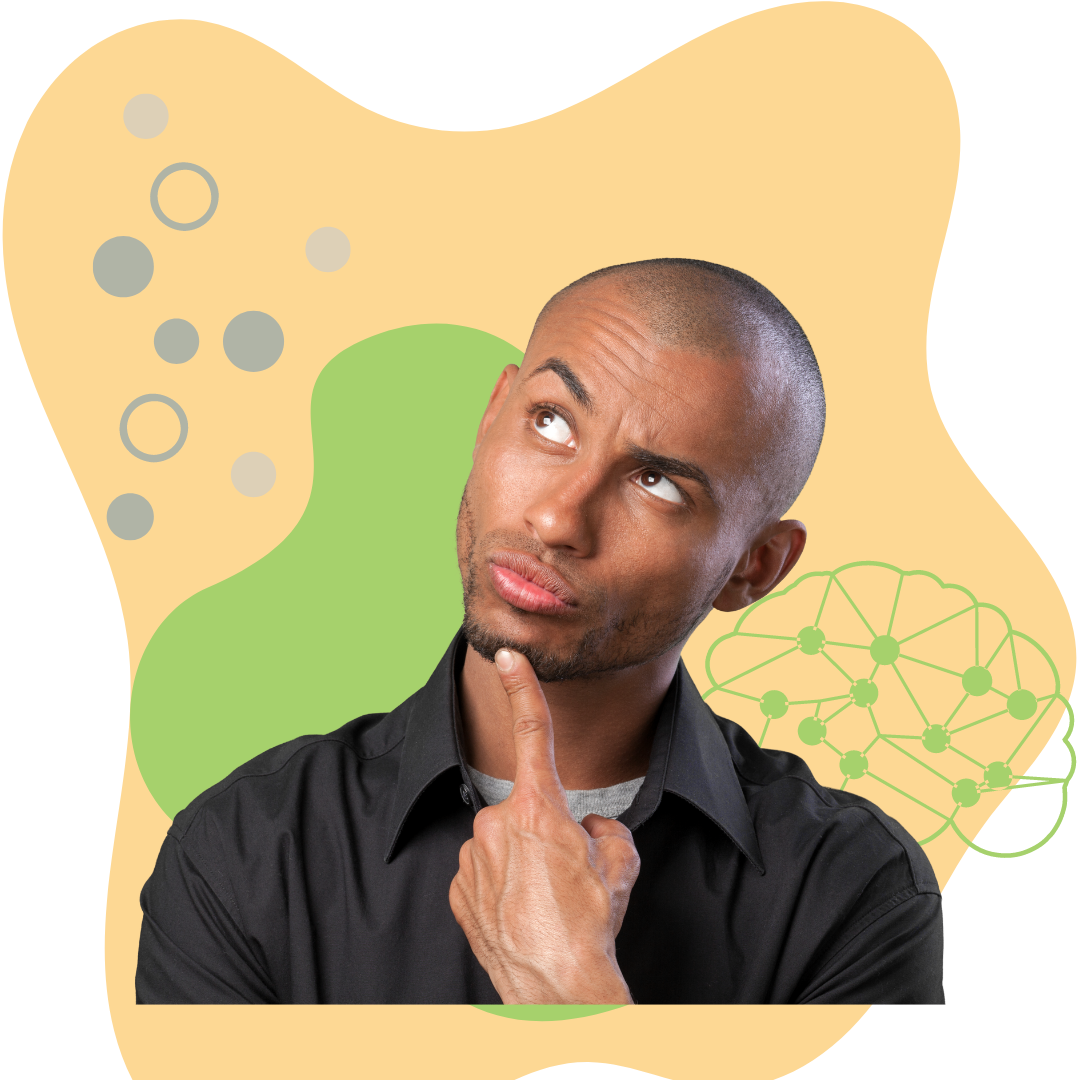 A man with short hair and a beard, wearing a black shirt, pondering with his hand on his chin, set against a colorful abstract background with green and beige shapes and a brain diagram.