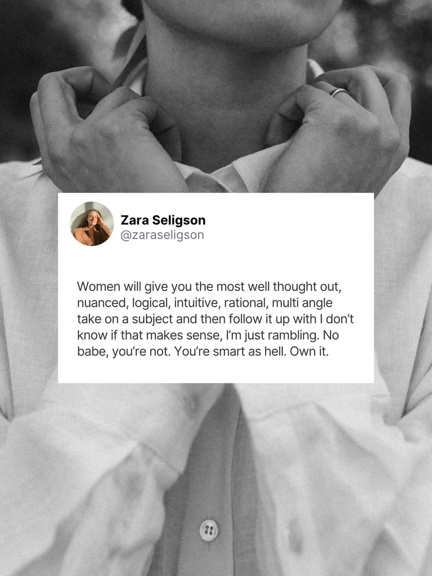 Ladies let&rsquo;s all make a collective agreement to stop pretending we are less intelligent than we are. 

Who and what benefits from dumbing yourself down? 

39 has been the year I stopped doing that and all I can say is I like myself more for hon