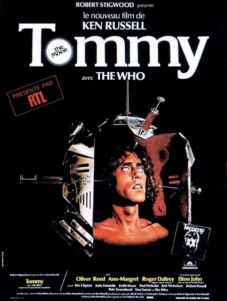 A French movie poster for Tommy: The Movie, featuring a man's head inside an elaborate torture device.
