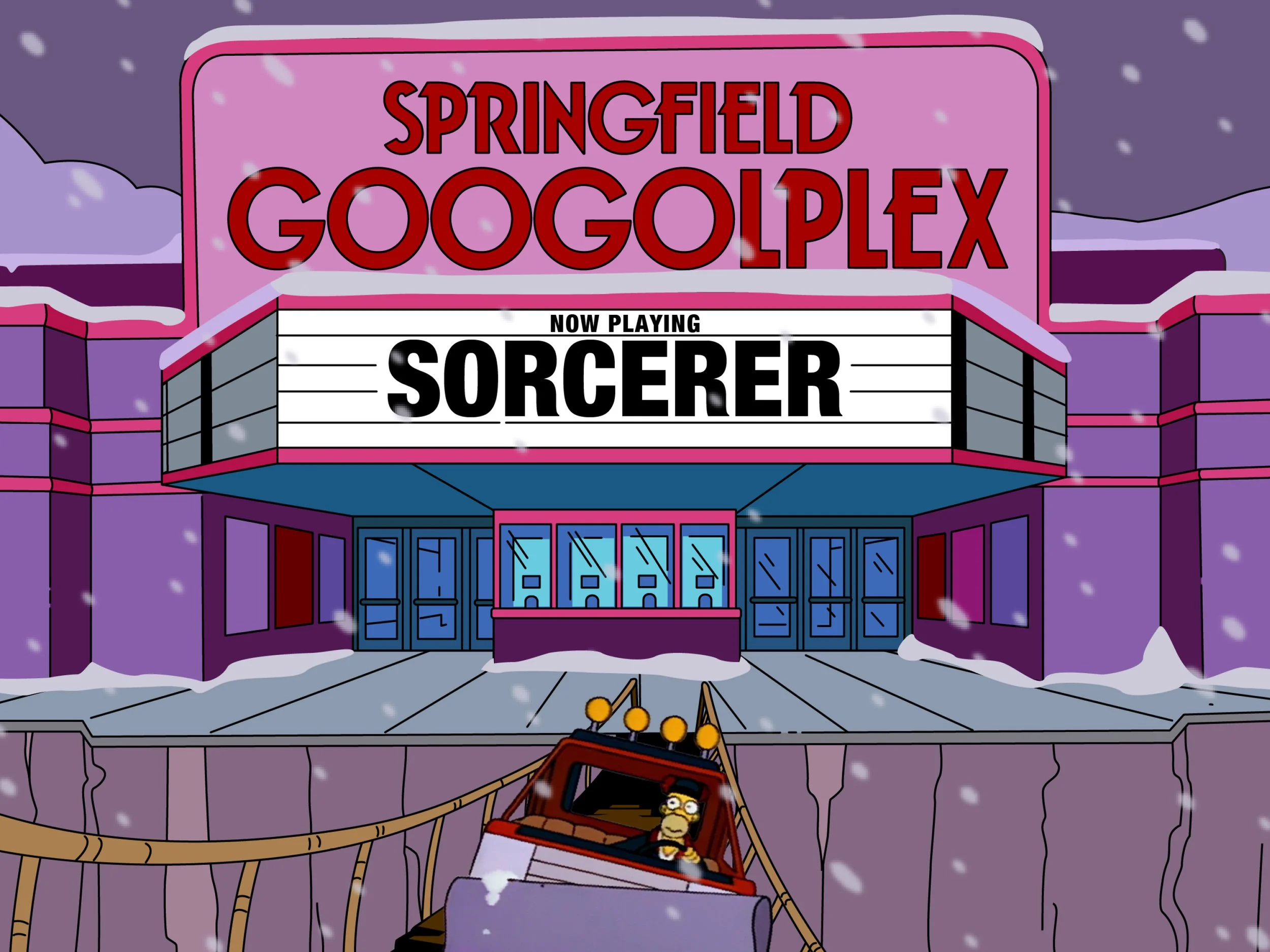 The Springfield Googolplex marquee reads "Now Plating: Sorcerer." In the foreground, Homer crosses a rickety rope bridge in a plow.