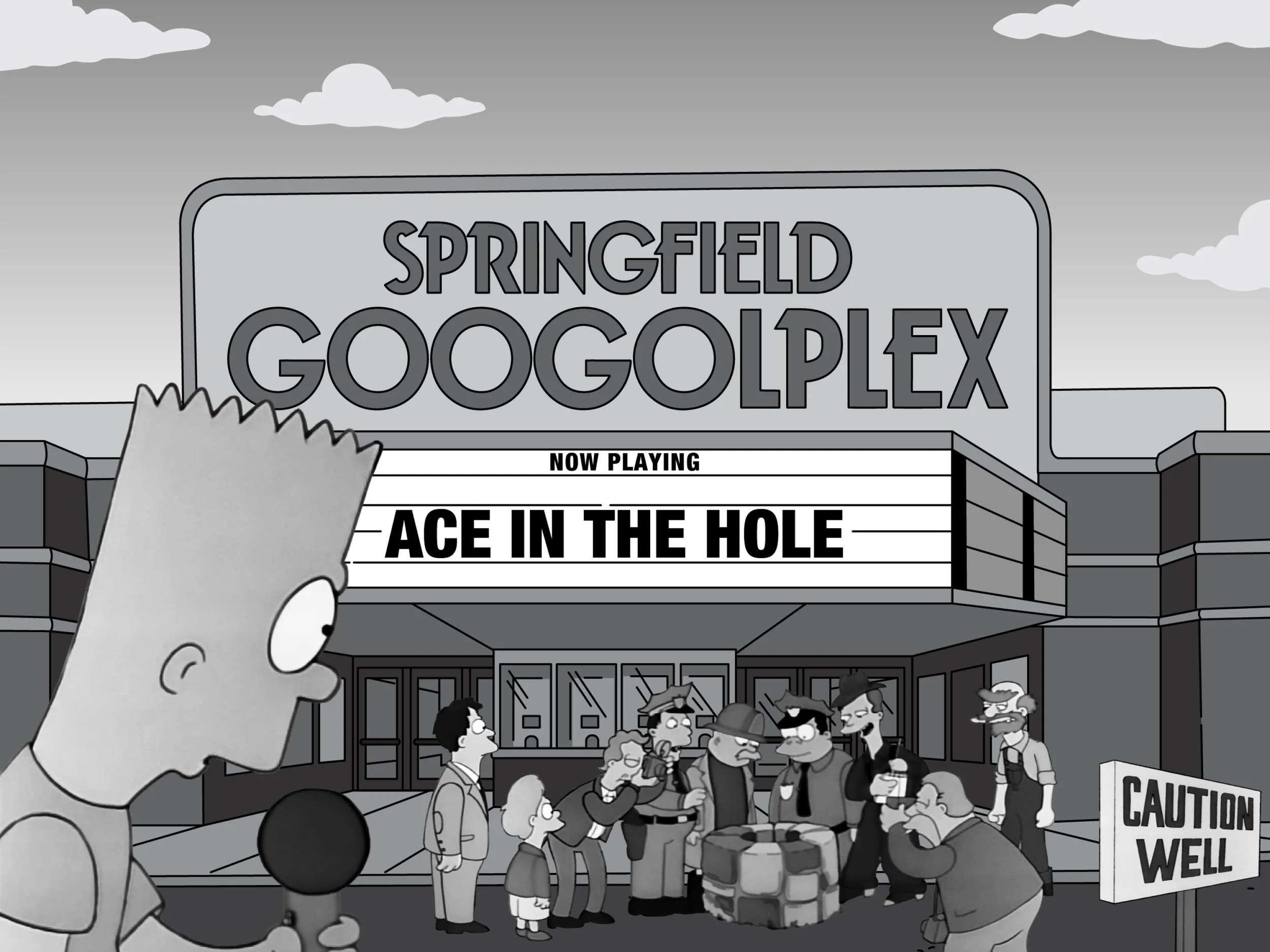 The Springfield Googolplex marquee reads "Now Plating: Ace in the Hole." In the foreground, Bart speaks into a microphone as a crowd of people stands around a well.
