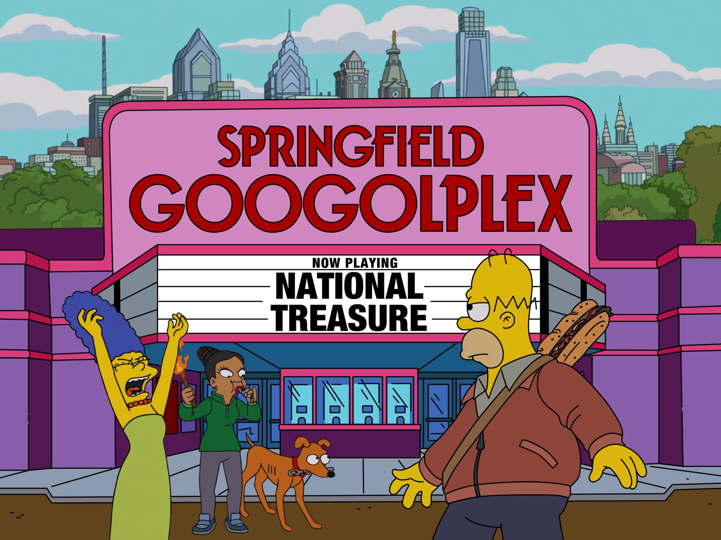 The Springfield Googolplex marquee from The Simpsons reads, "Now Playing: National Treasure." In the foreground, Homer looks heroic with a hoagie strapped to his back, while Marge yells to the clouds, and Adrienne trains Santa's Little Helper.