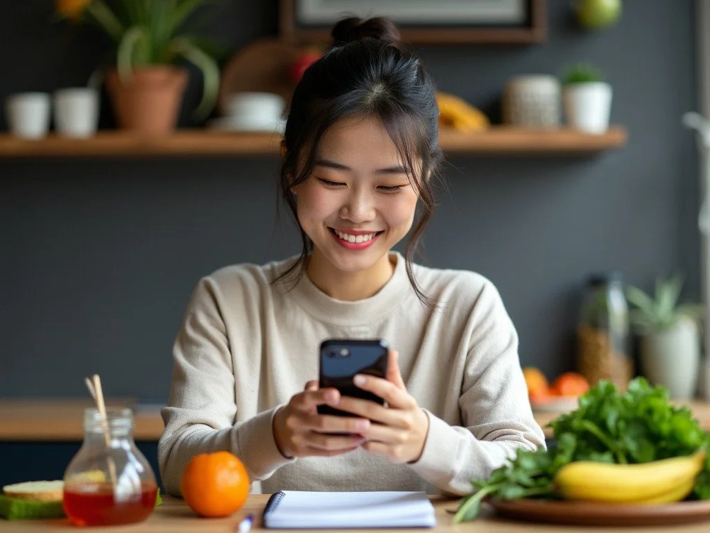 A young woman smiling and looking at her phone while sitting at kitchen table with fresh fruits and vegetables.