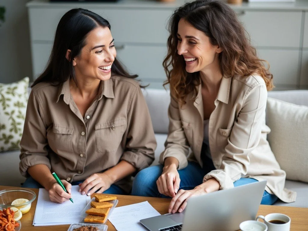 Two women sitting on a couch smiling and laughing while working on a laptop and taking notes, with snacks and drinks on a table in front of them.