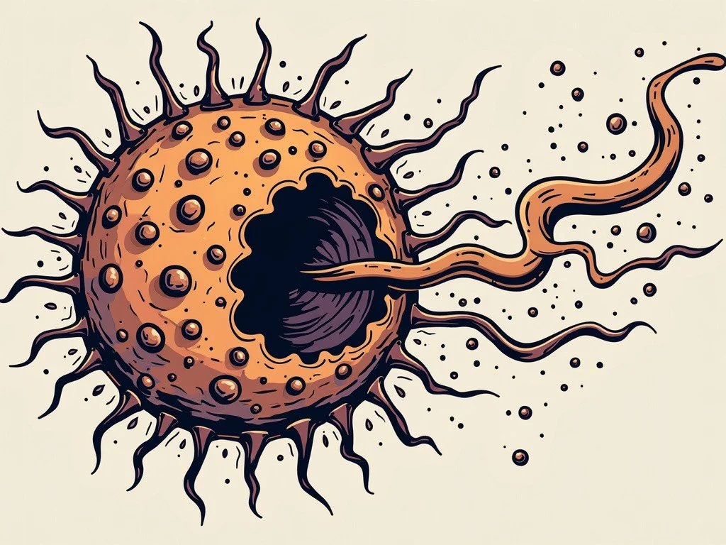 Illustration of a mast cell releasing histamine granules