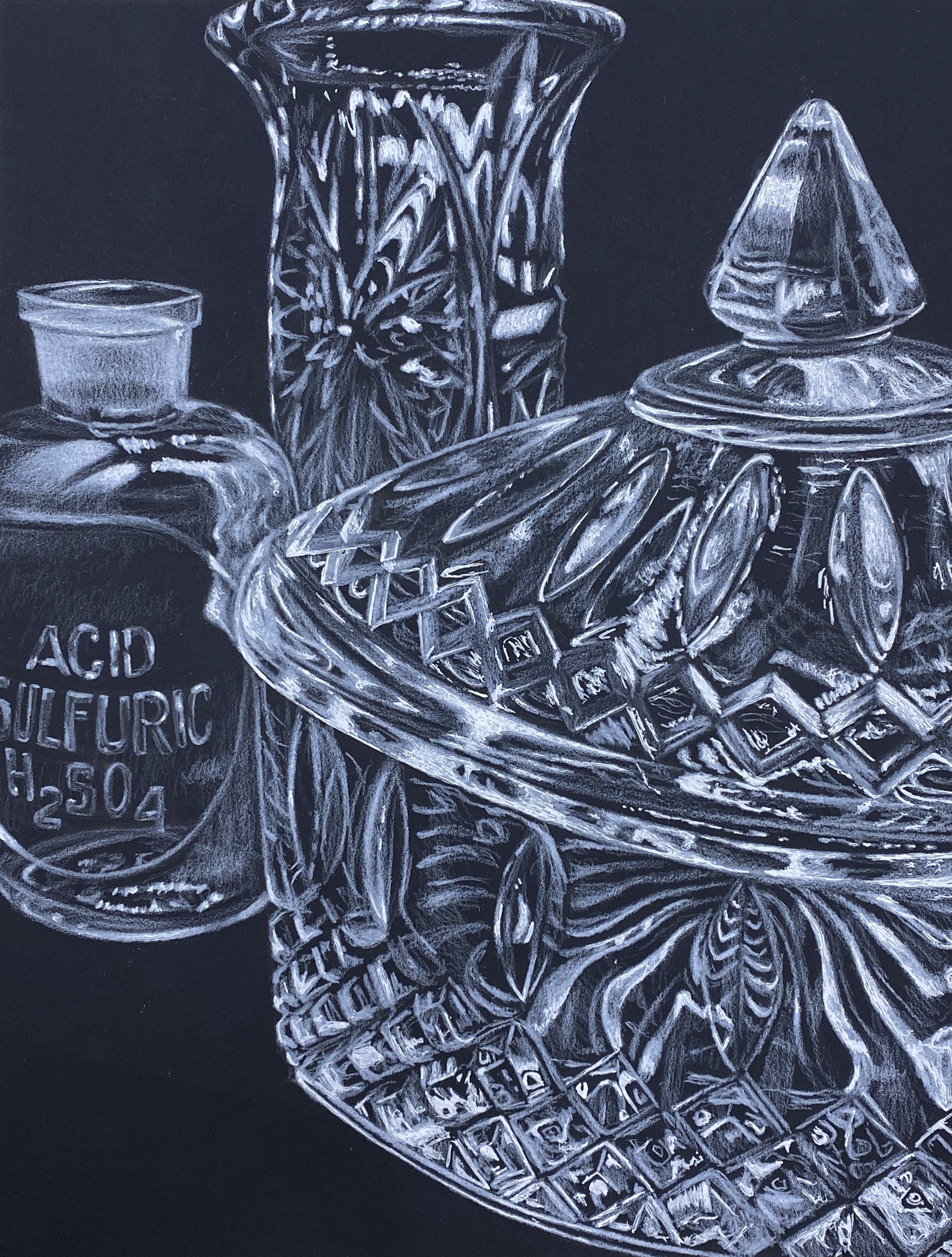 Clear Glass on Black Paper. Colored Pencil & Gel Pen. 2023