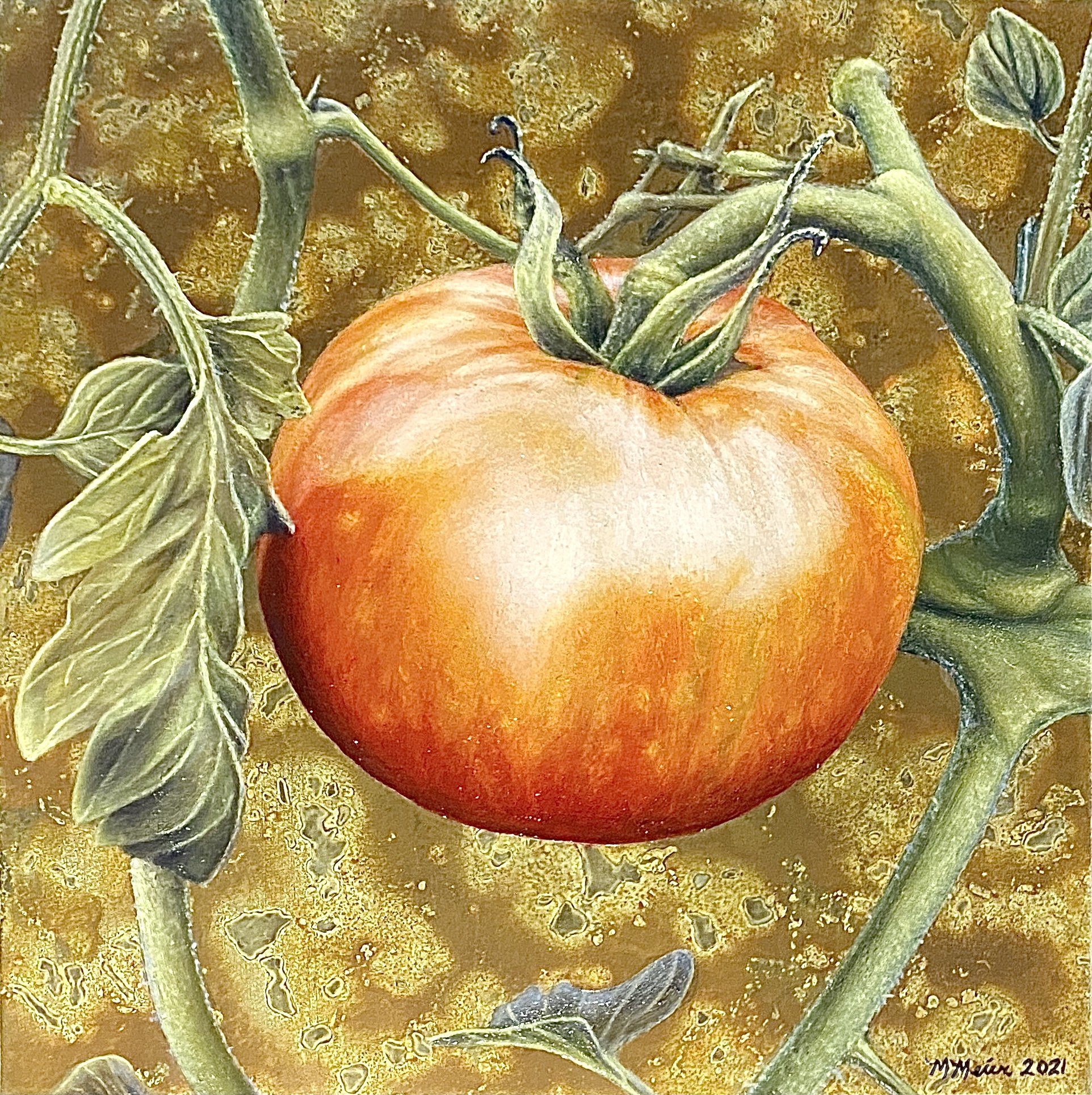 Finished painting of a tomato on brass with patina
