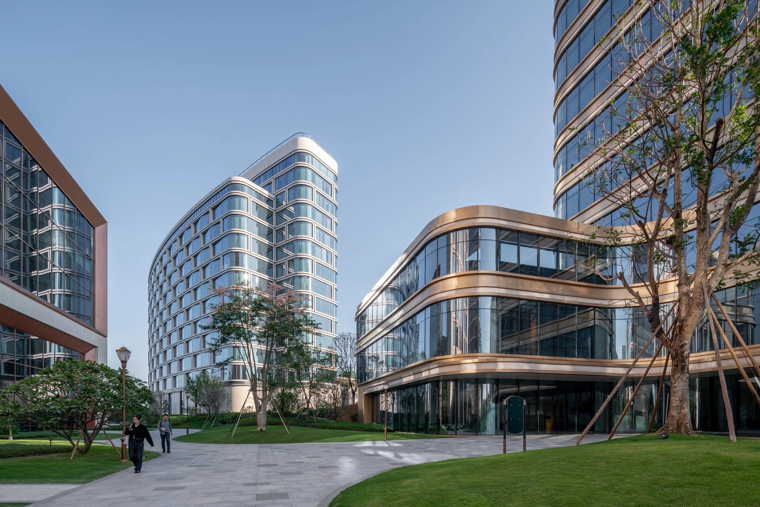 Walking paths, courtyards, and gardens within the park.