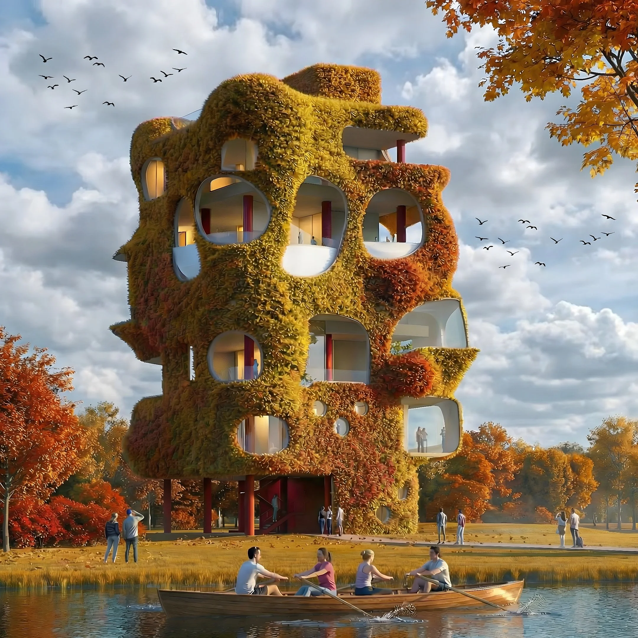 Green facade enveloping and transforming the building appearance seasonally...