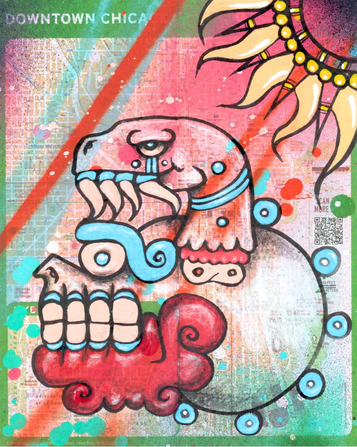 Aztec-inspired skull and serpent head layered over a colorful downtown Chicago map, art by Nino Tselone Rodriguez
