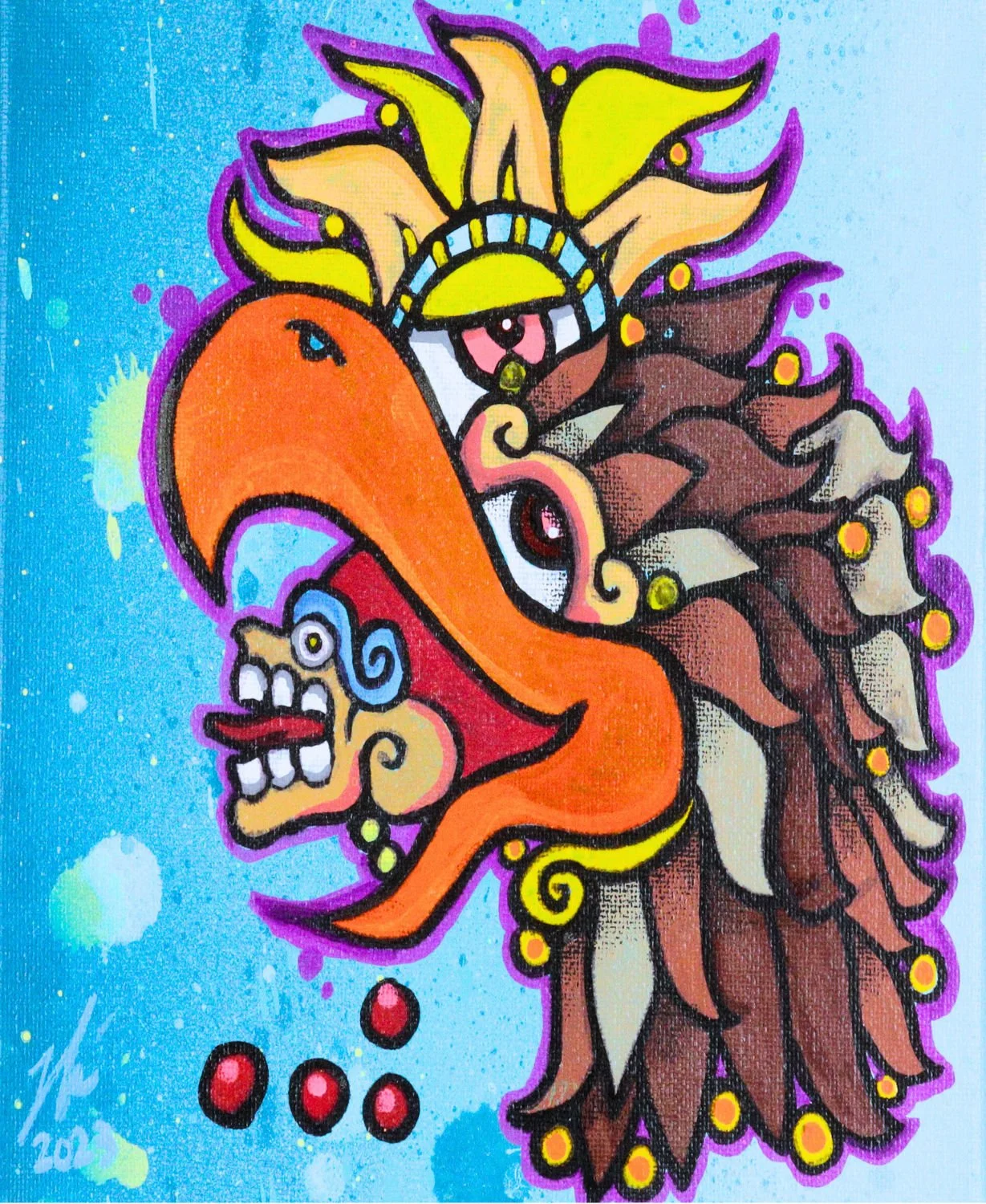 Eagle profile with orange beak, feathered headdress and skull motif against blue, original artwork by Tselone.