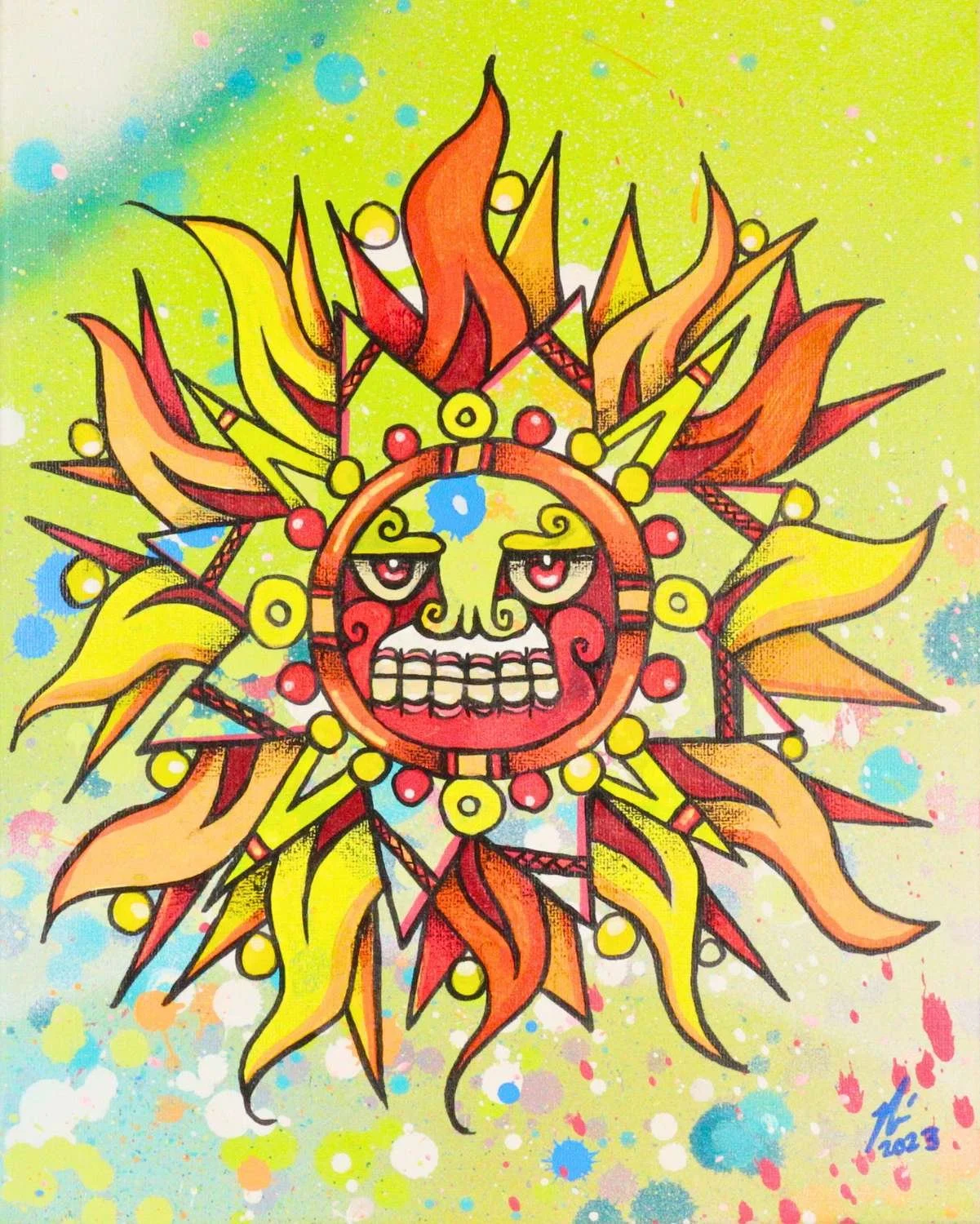 Fiery red, orange and yellow Aztec-inspired sun face with colorful paint splatters, by Nino Tselone Rodriguez.