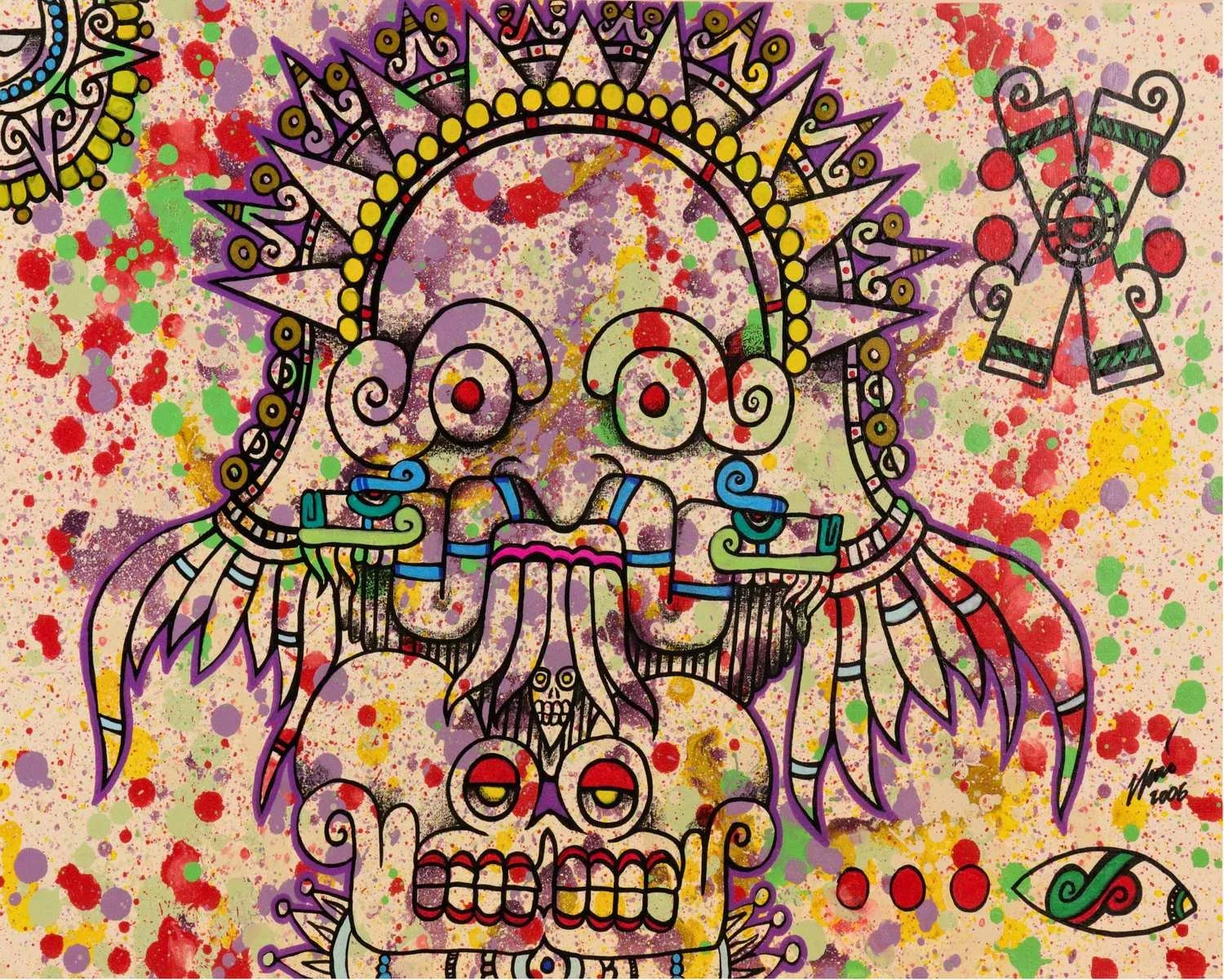 Colorful dual skull figures with decorative sun-like headdress against a splattered background, by Nino Tselone Rodriguez.