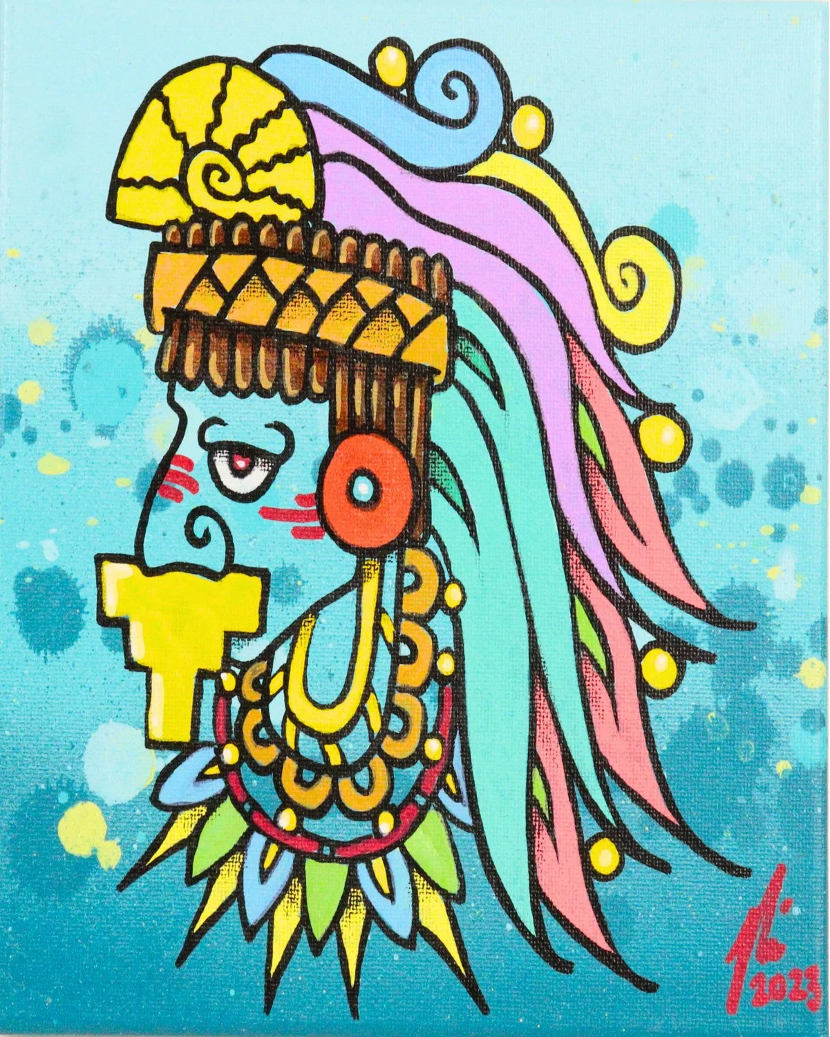 Regal emperor in profile with a red face, elaborate gold headpiece, turquoise feather ornaments, and multicolored jewelry against a blue background.