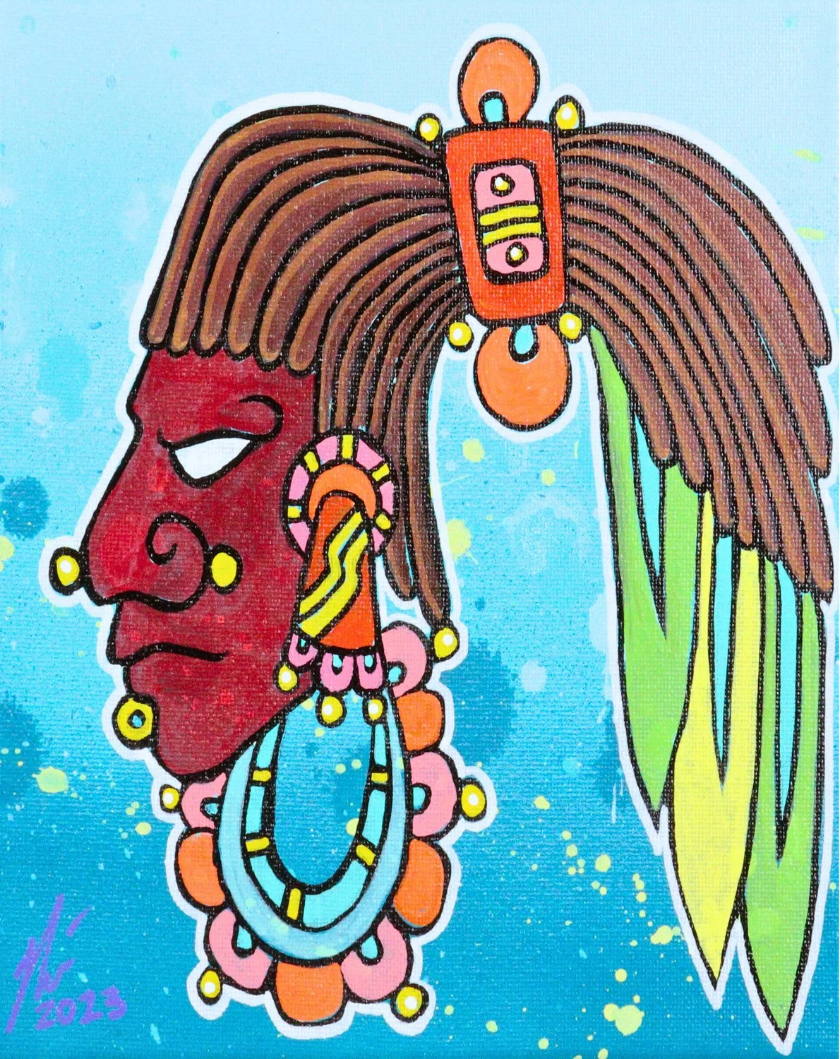 Red-faced Mayan-inspired lord with a large gold crown, green feathered headdress, blue earrings, and ornate jewelry against a bright turquoise background.