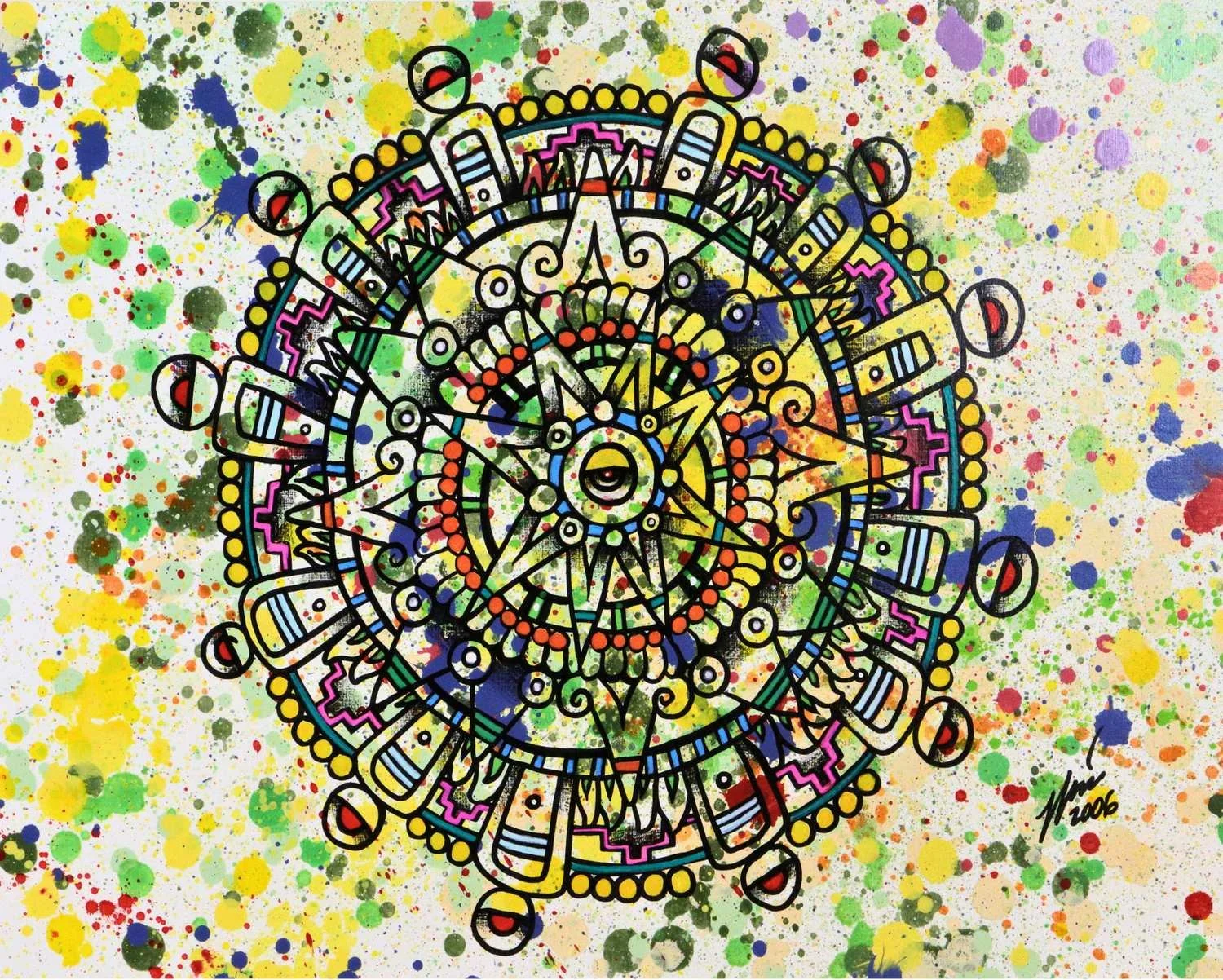 Intricate circular Aztec-inspired sun design with a central eye and multicolored splatter background, by Nino Tselone Rodriguez.
