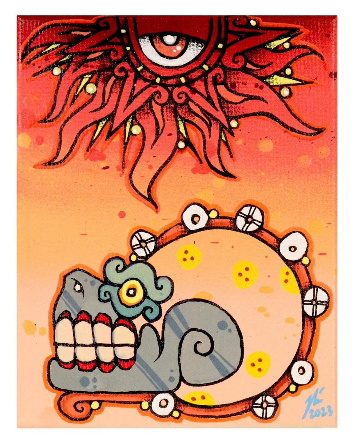 Colorful Aztec-inspired skull beneath a red sun with a central eye, original artwork by Nino Tselone Rodriguez
