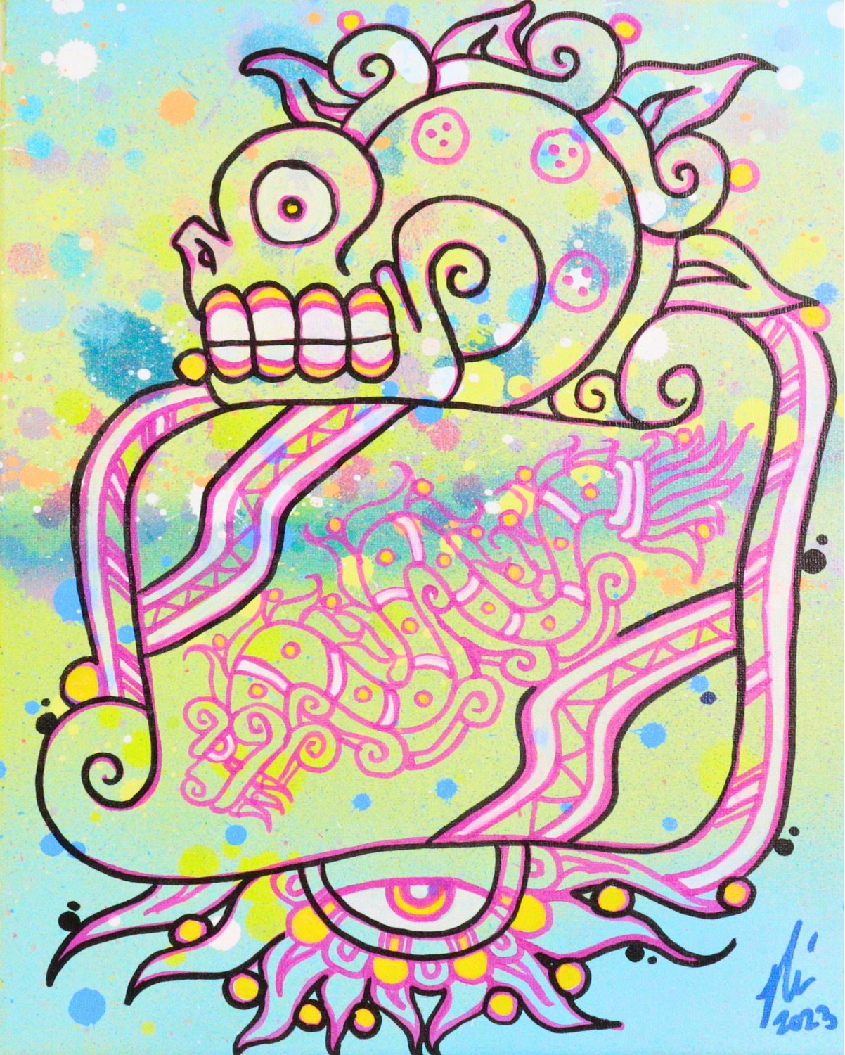 Pastel Aztec skull glyph with pink ornamental designs on a speckled blue-green background, art by Nino Tselone Rodriguez