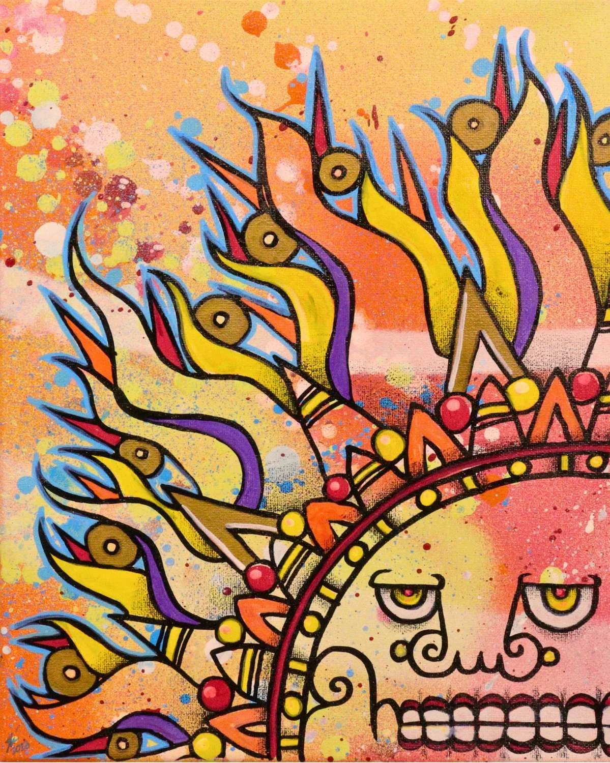 Aztec-inspired sun face surrounded by red, orange and yellow rays against a splattered green background, by Nino Tselone Rodriguez.