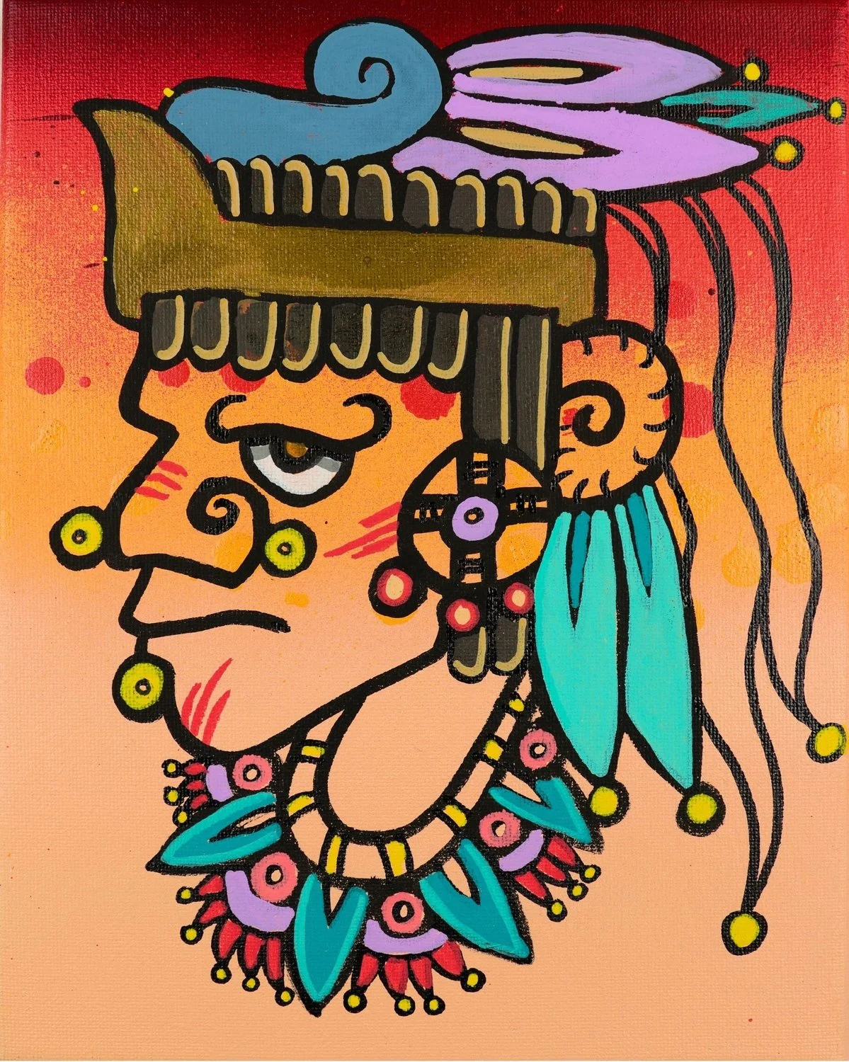Emperor in profile with a gold crown, orange face, turquoise jewelry, lavender feathers, and flowing red hair against a warm orange and red background.