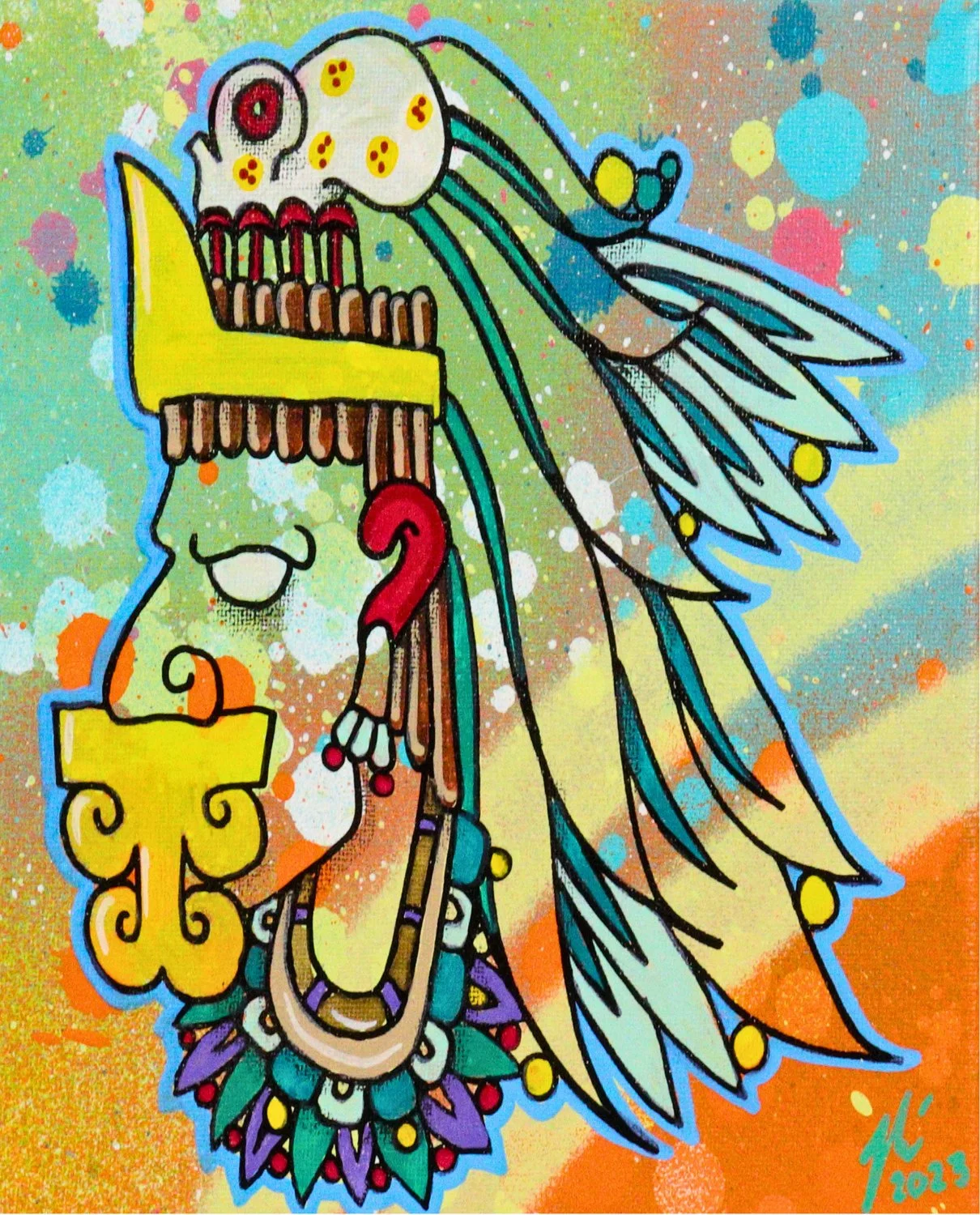 Blue-line illustration of an Aztec-inspired emperor in profile with an elaborate feathered headdress and ornate jewelry against a yellow and pastel splattered background.