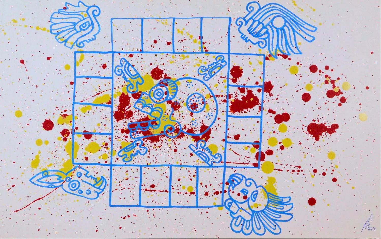 Blue linework skull and four corner glyphs arranged in a geometric composition with colorful paint splatters, art by Nino Tselone Rodriguez