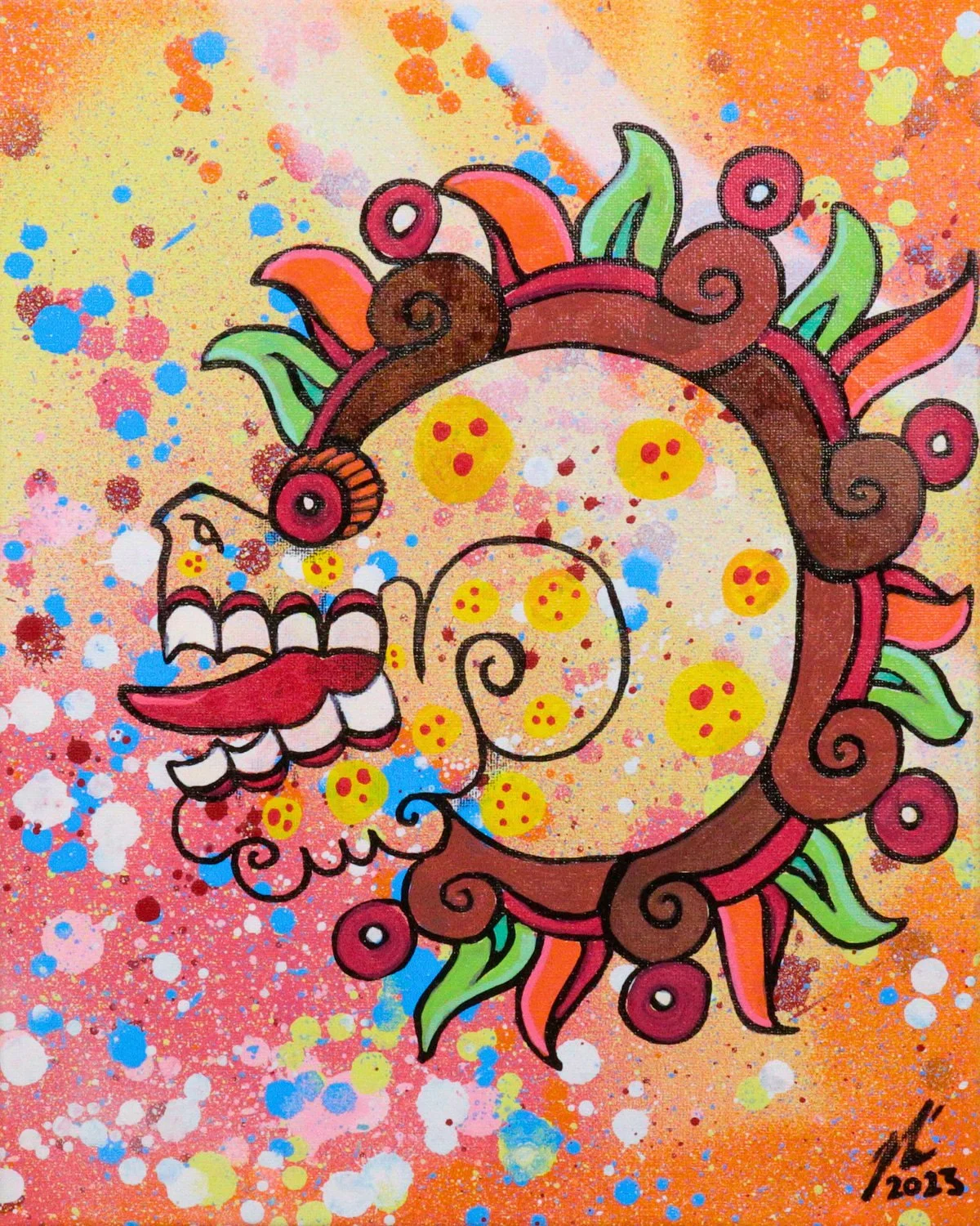 Aztec-inspired skull with brown and green headdress on a vibrant orange background, art by Nino Tselone Rodriguez