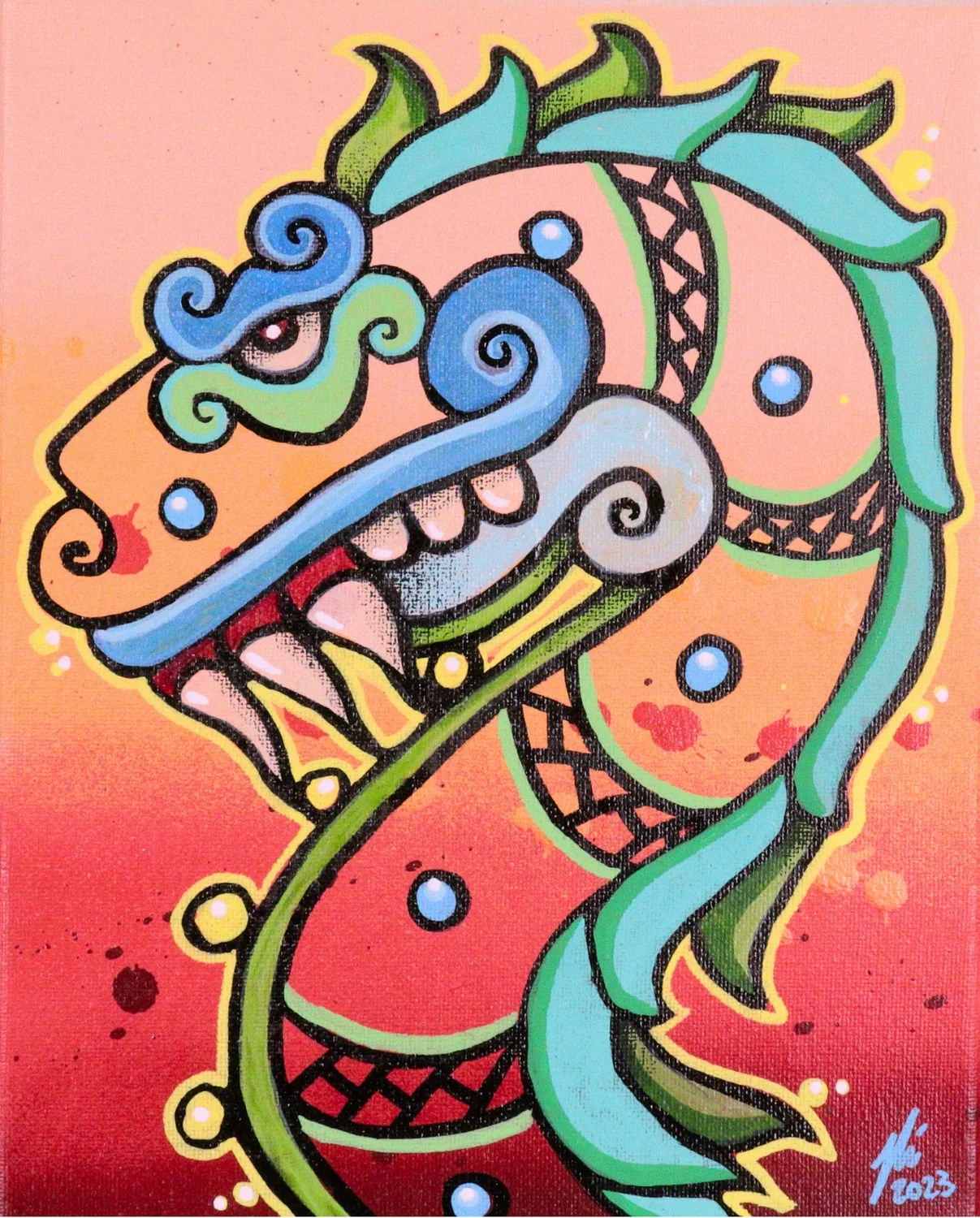 Green and blue feathered serpent with swirling details against a coral-pink background, original artwork by Tselone.