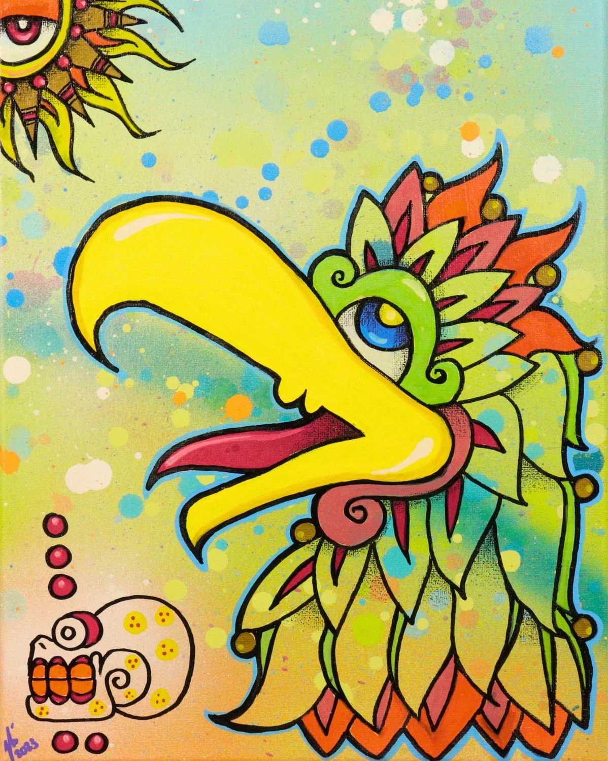 Colorful tribal eagle with yellow beak and feathered crest on a speckled pastel background, original artwork by Tselone.