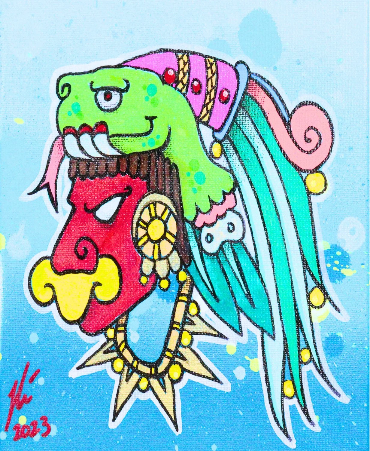 Red-faced Aztec-inspired emperor in profile with a green serpent headdress, turquoise feathers, yellow nose ornament, and bright blue background.