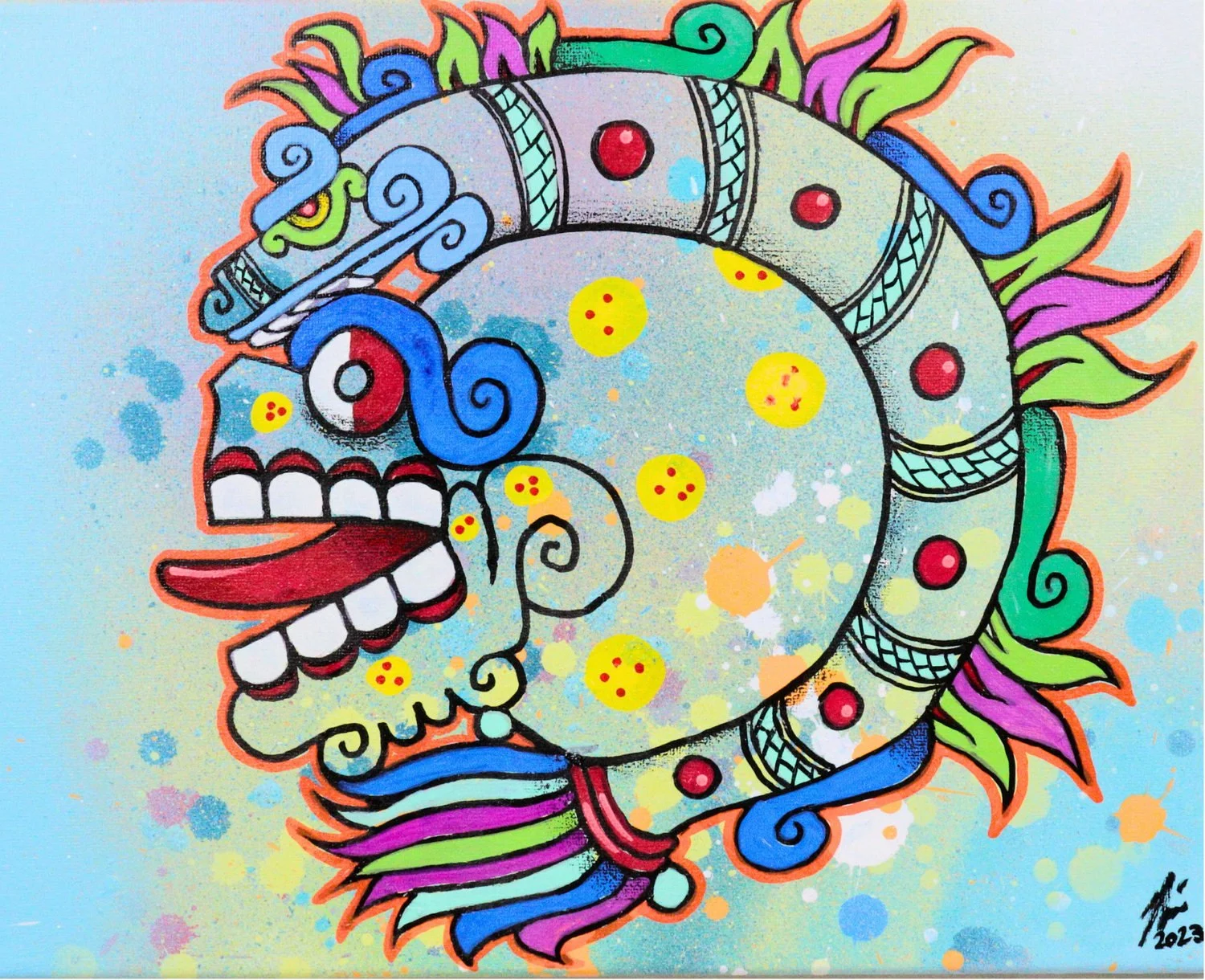 Blue skull with curling serpent headdress and bright geometric details, art by Nino Tselone Rodriguez