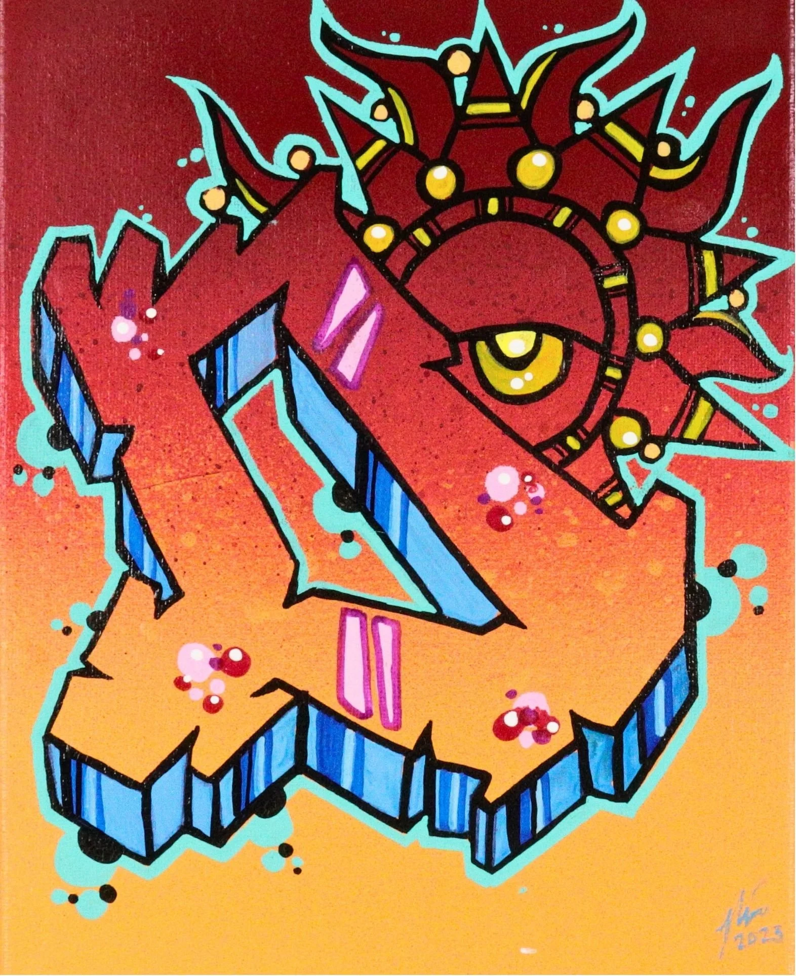W02 D with Aztec Sun – Colorful graffiti letter D incorporating an Aztec sun motif, original artwork by Chicago graffiti artist Nino Tselone Rodriguez.