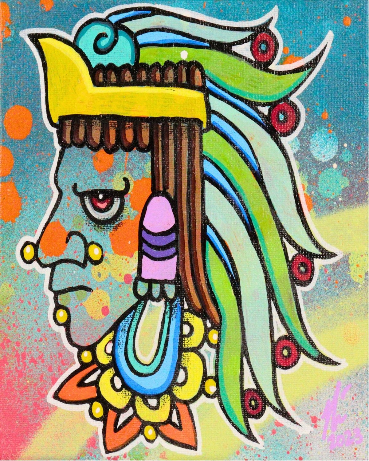 Emperor lord in profile with a turquoise face, gold crown, green feathered headdress, purple earring, and ornate necklace against a multicolored painted background.