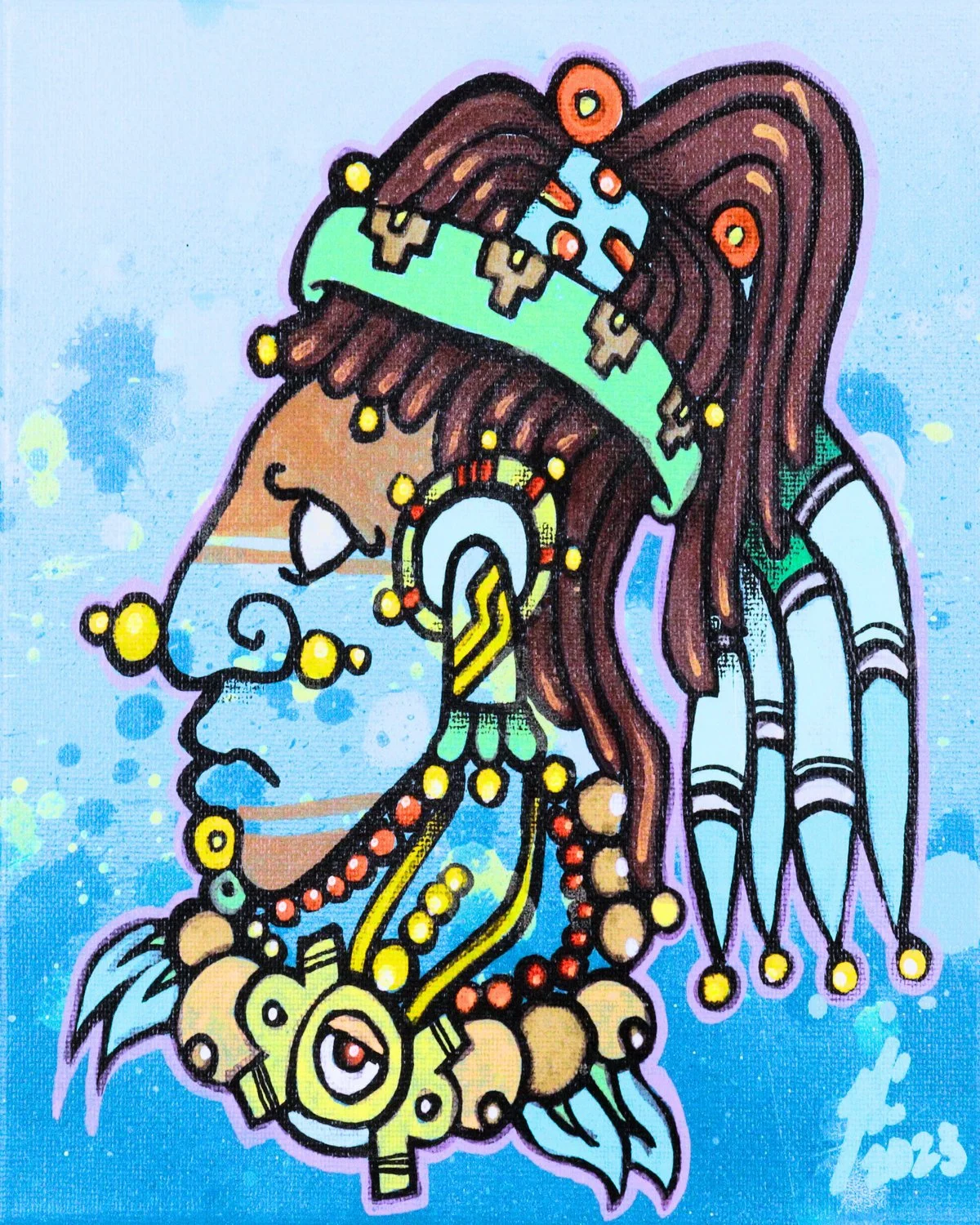 Brown-haired emperor in profile with a red face, elaborate turquoise jewelry, beaded ornaments, and green and yellow feathers against a bright blue background.