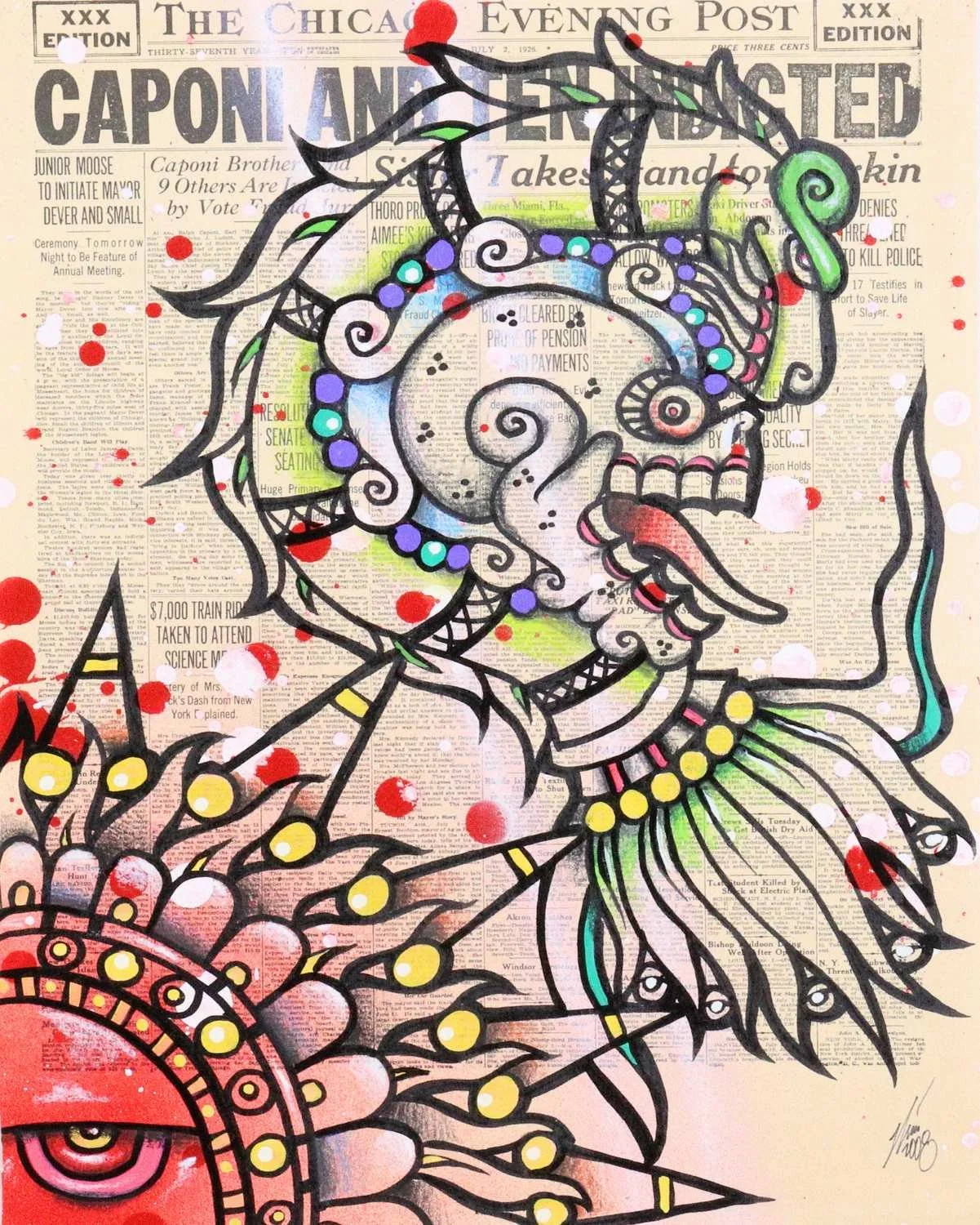 Aztec-inspired sun, skull and serpent artwork over a vintage Chicago Evening Post newspaper by Nino Tselone Rodriguez.