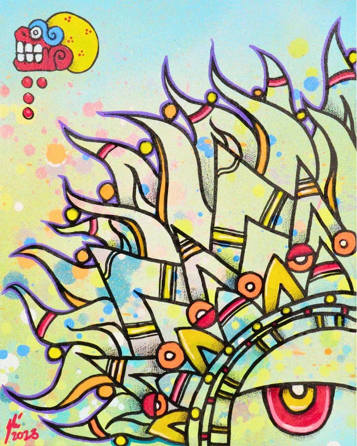 Close-up of an Aztec-inspired sun headdress and eye in pastel colors with a small skull motif, by Nino Tselone Rodriguez.